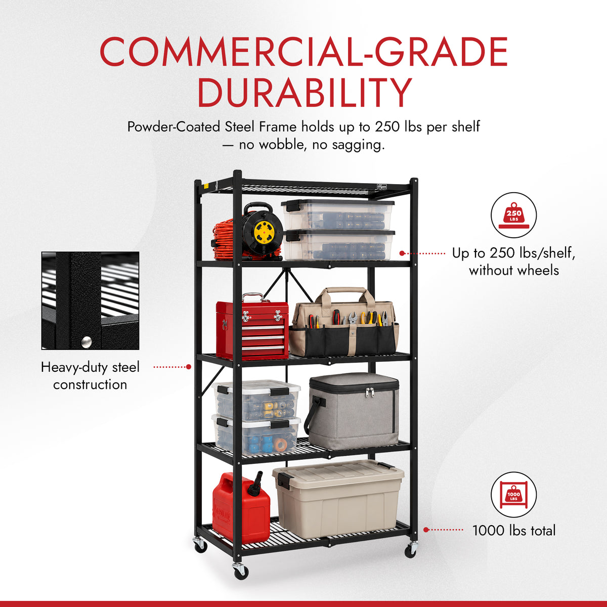 Origami R5-06W Black 4-Wheeled and 4-Shelf Folding Steel Wire Shelving Storage