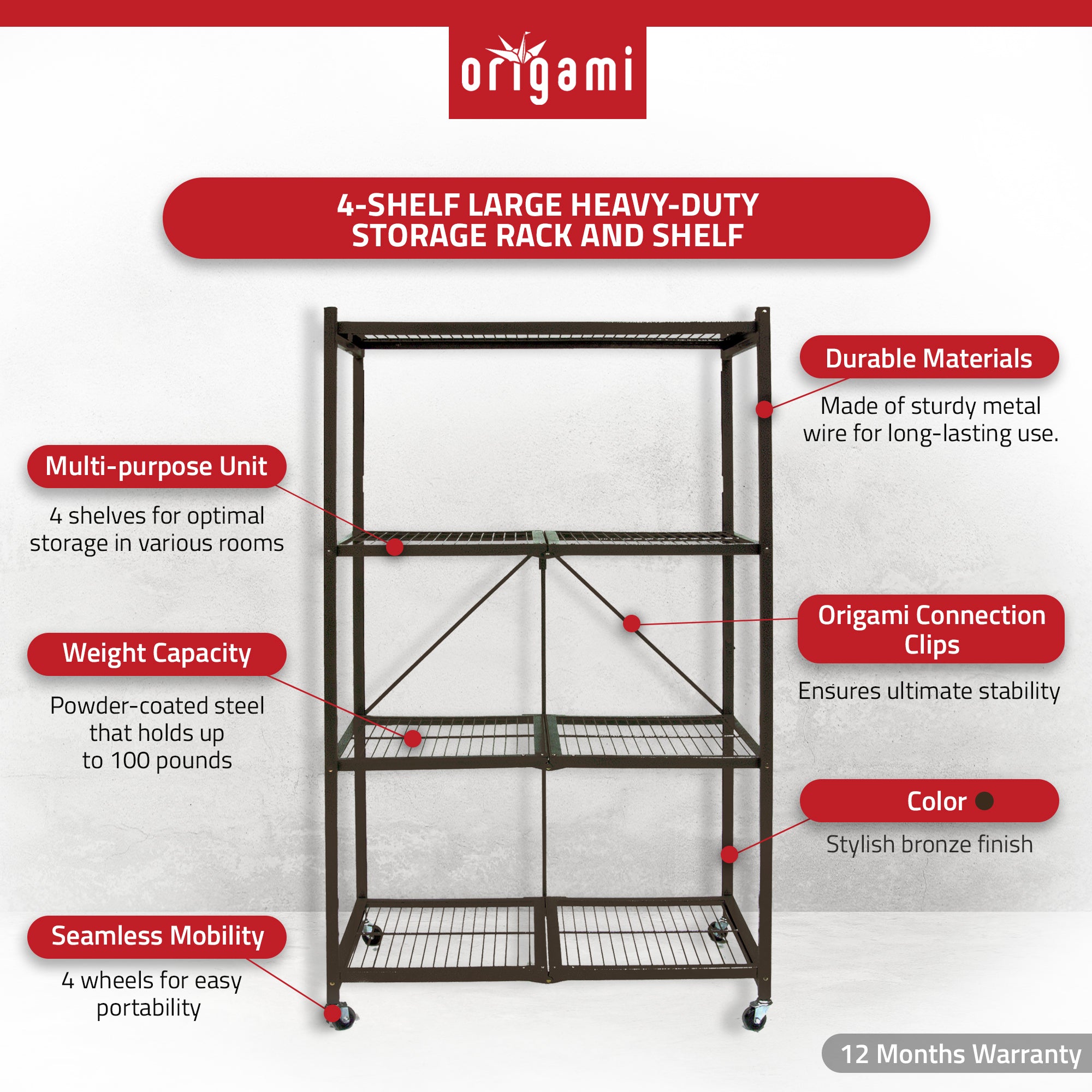 Origami Wheeled 4 Shelf Folding Metal Wire Shelving Storage Organizer, Bronze