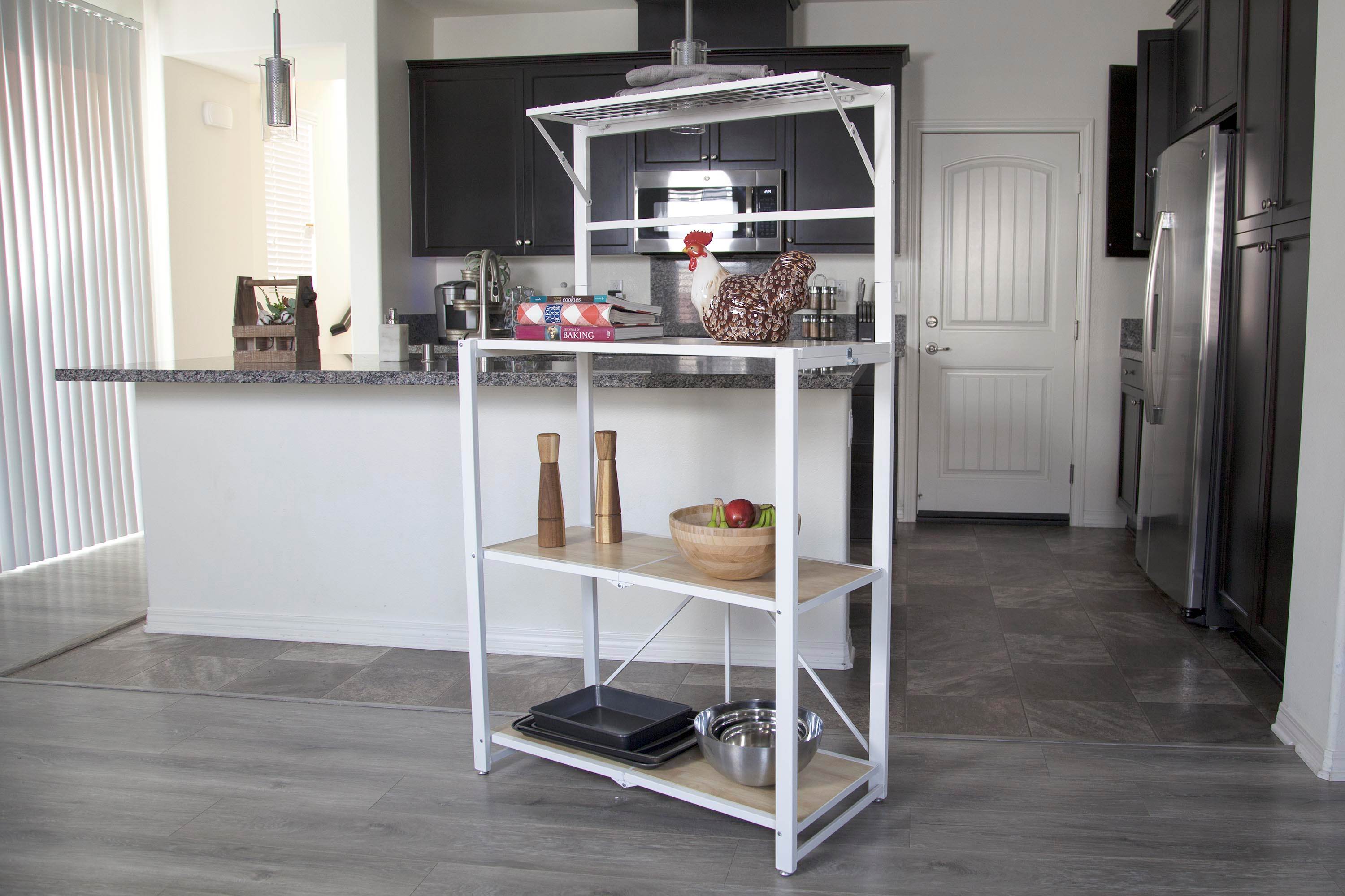 Origami Folding 4-Tier Heavy Duty Steel Baker's Rack with Wood Shelf, White