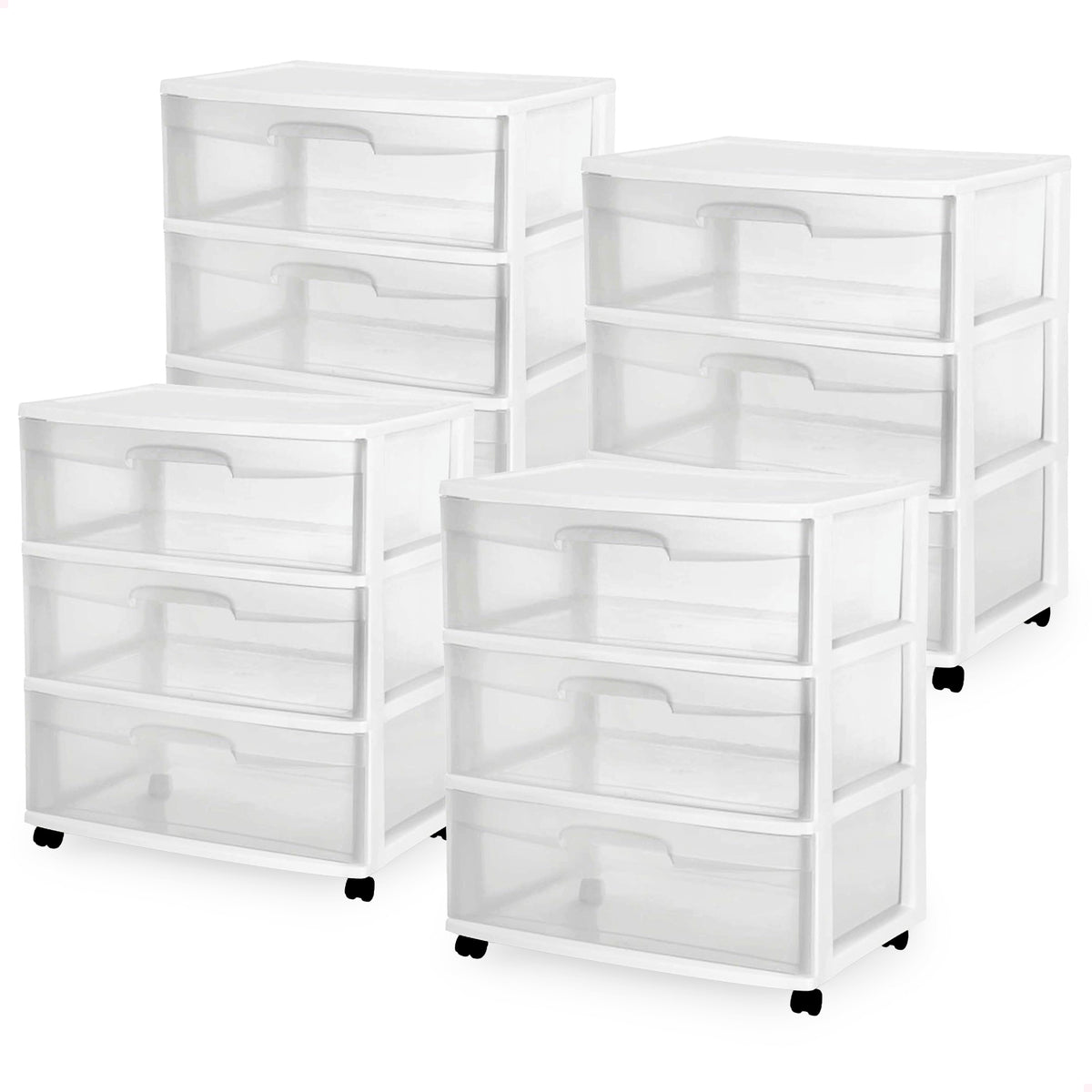 Sterilite At Home 3 Drawer Wide Storage Cart Container with Casters (4 Pack)