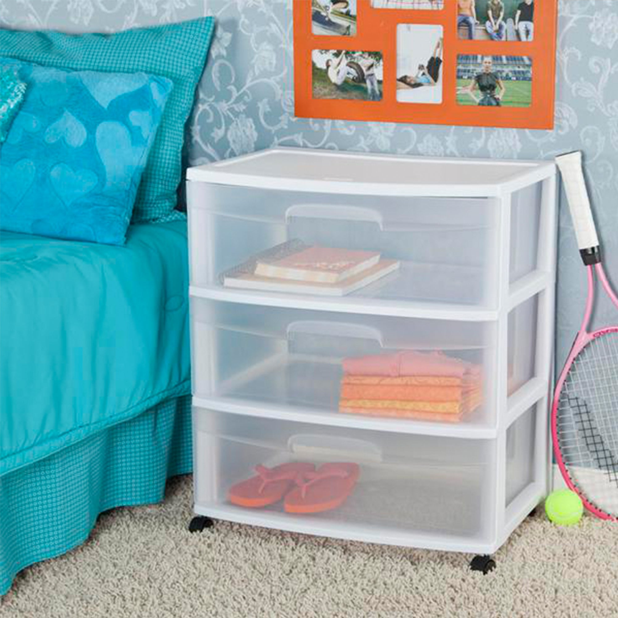 Sterilite At Home 3 Drawer Wide Storage Cart Container with Casters (12 Pack)