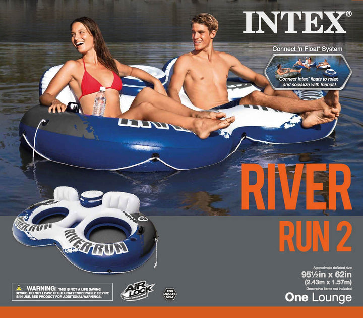 Intex River Run II Inflatable 2 Person Pool Tube Float (2 Pack) w/ Cooler Floats - VMInnovations