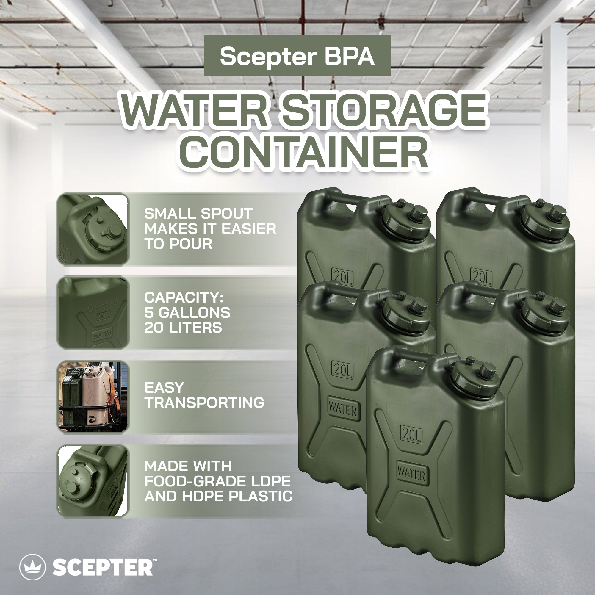Scepter 5 Gallon 20 Liter Portable Water Storage Container, Green (5 Pack) - VMInnovations