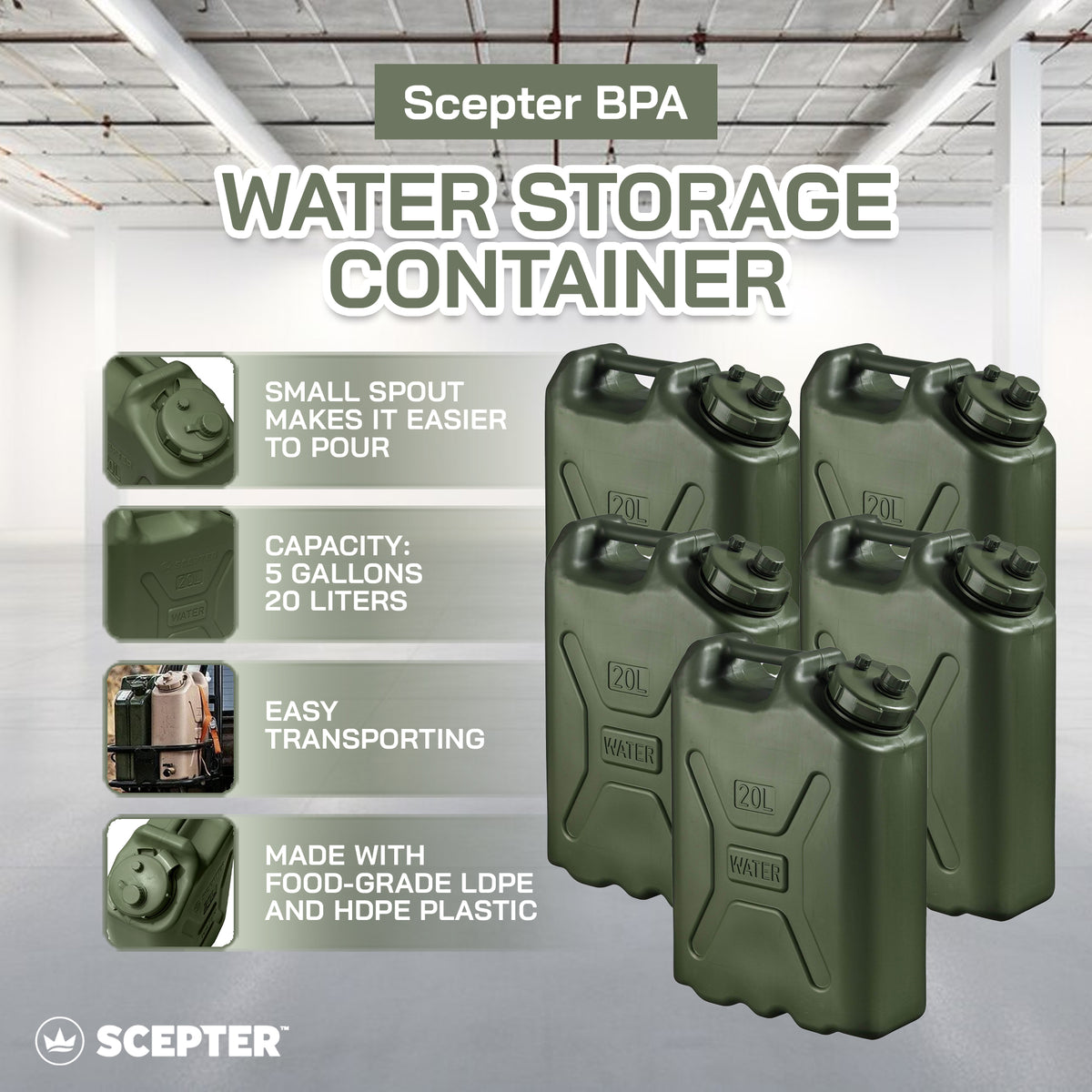 Scepter 5 Gallon 20 Liter Portable Water Storage Container, Green (5 Pack)