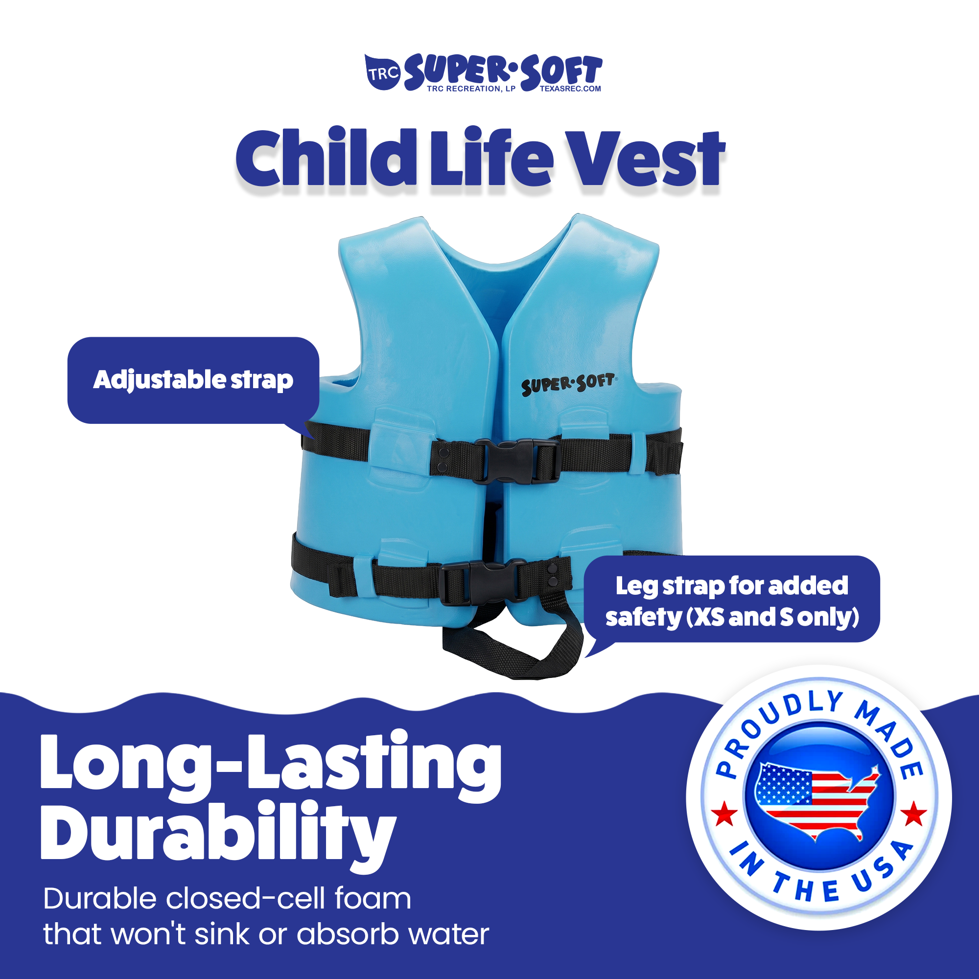 TRC Recreation Super Soft Child Life Jacket Swim Vest, X Small, Marina Blue - VMInnovations