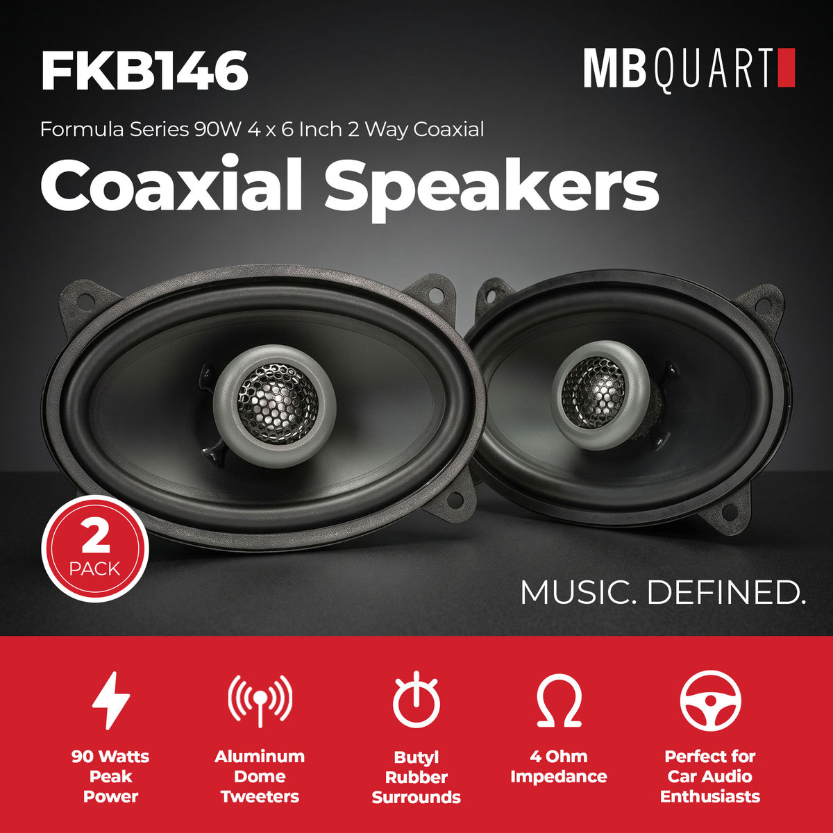 MB Quart Formula 2 Way Coaxial 90W 4 x 6 Inch Car Speakers (2 Pack)
