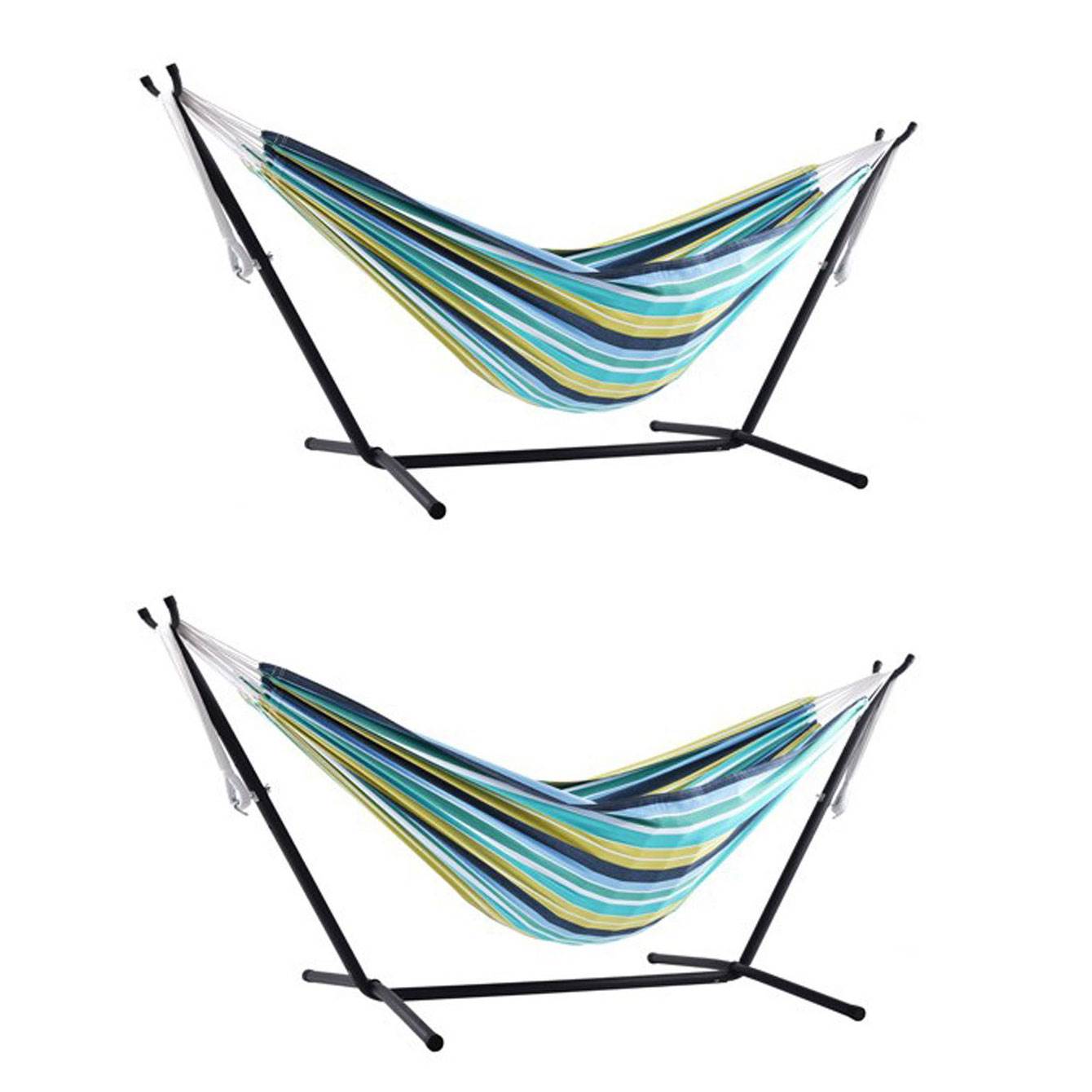 Vivere Double Cotton Outdoor Indoor Backyard Lawn Patio Hammock & Stand (2 Pack)
