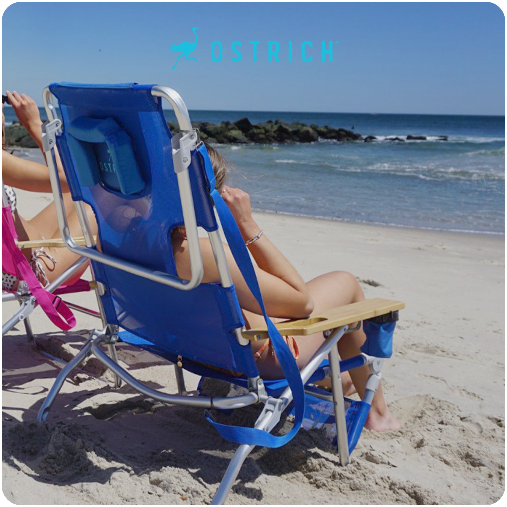 Ostrich Original 3N1 Outdoor Beach Lounge Chair with Footrest, Blue (Used)