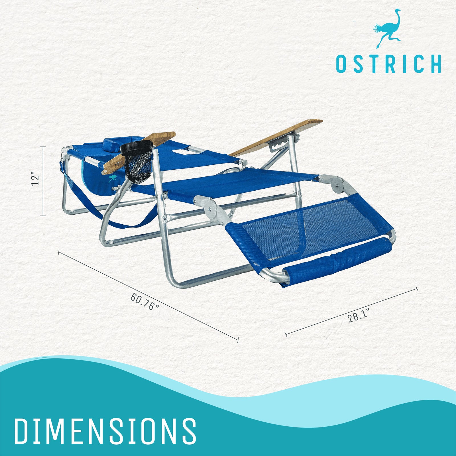 Ostrich Original 3N1 Lightweight Outdoor Beach Lounge Chair with Footrest, Blue - VMInnovations
