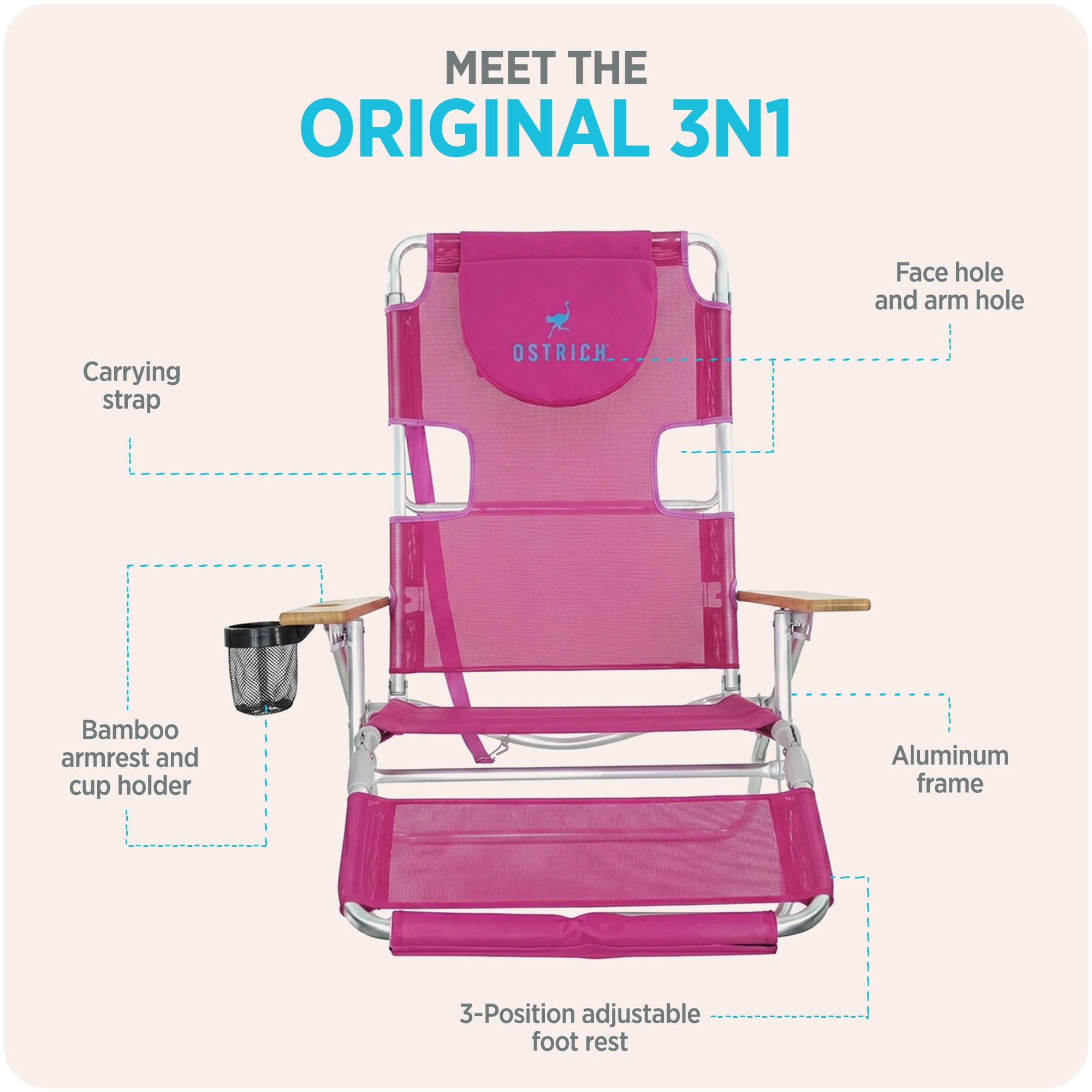 Ostrich 3 N 1 Aluminum Frame 5 Position Reclining Beach Chair, Pink (For Parts)