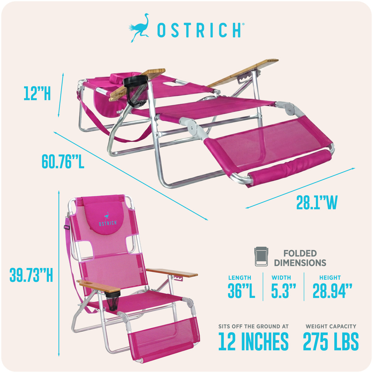 Ostrich Original 3N1 Outdoor Beach Lounge Chair with Footrest, Pink (Open Box) - VMInnovations