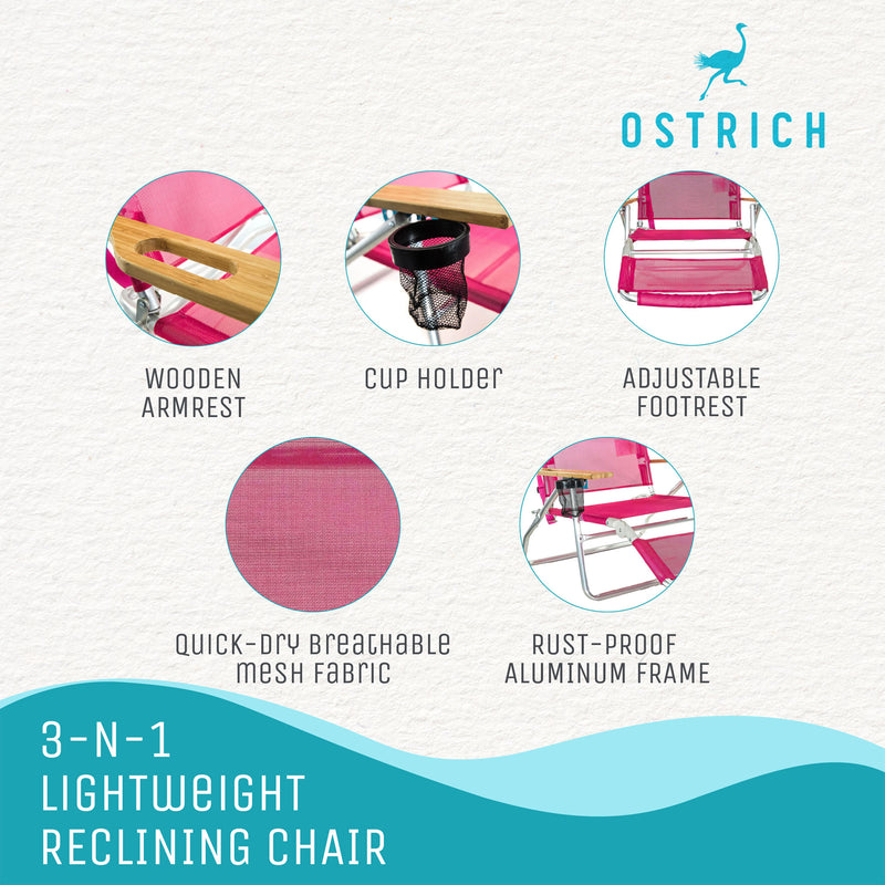 Ostrich Original 3N1 Lightweight Outdoor Beach Lounge Chair with Footrest, Pink