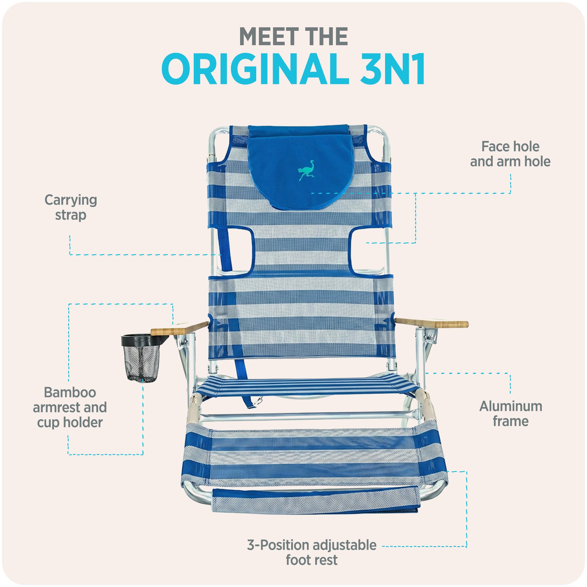 Ostrich The Original 3N1 Lightweight Beach Lounge Chair with Footrest, Stripe