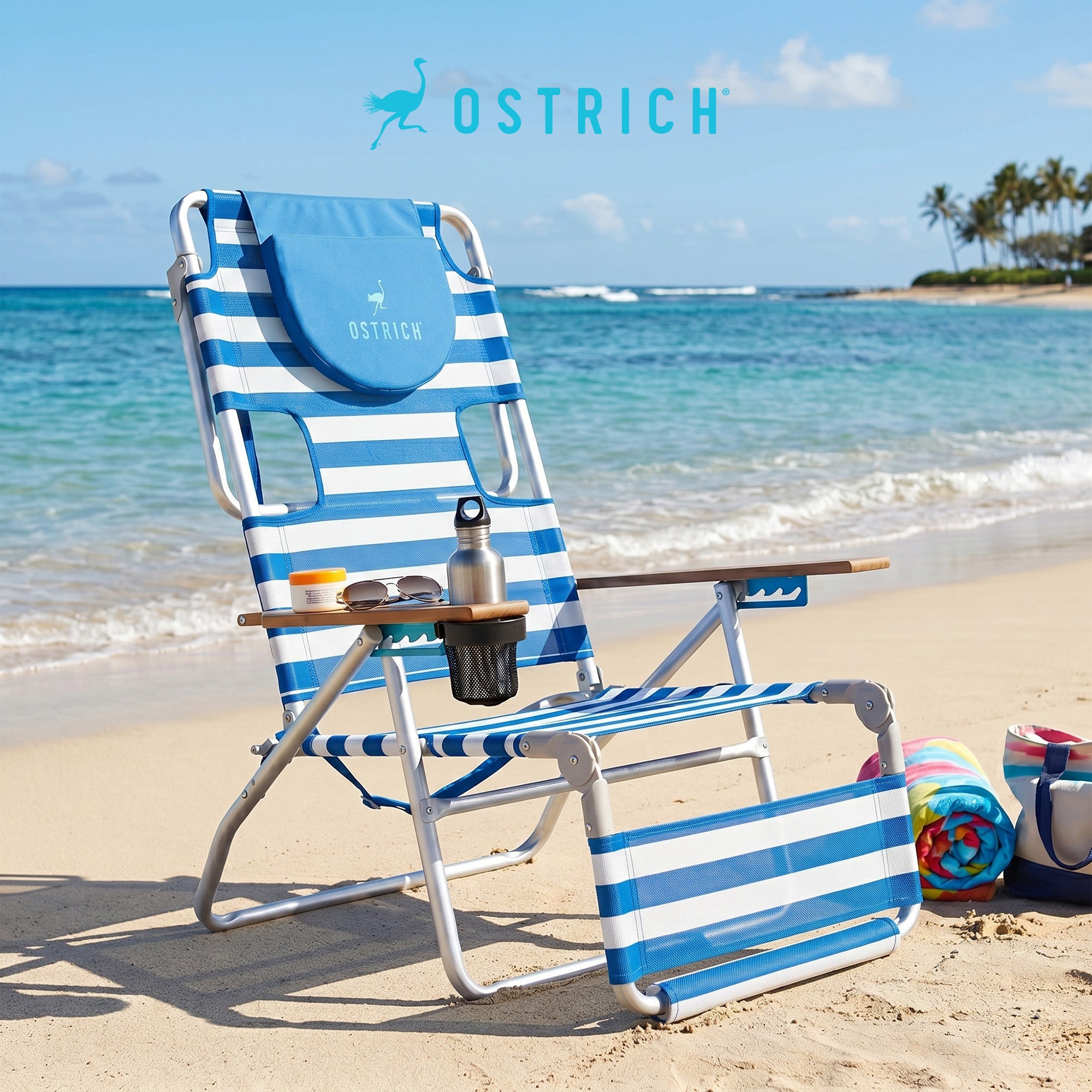 Ostrich The Original 3N1 Lightweight Beach Lounge Chair with Footrest, Stripe