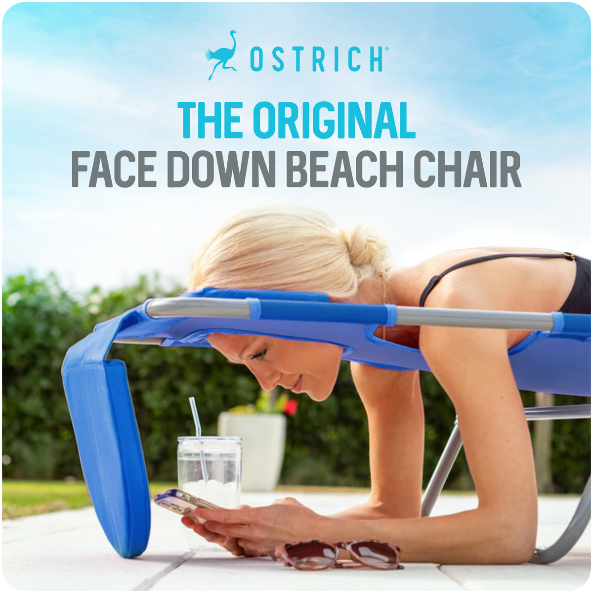 Ostrich Chaise Lounge, Facedown Beach Camping Pool Tanning Chair, Blue(Open Box)
