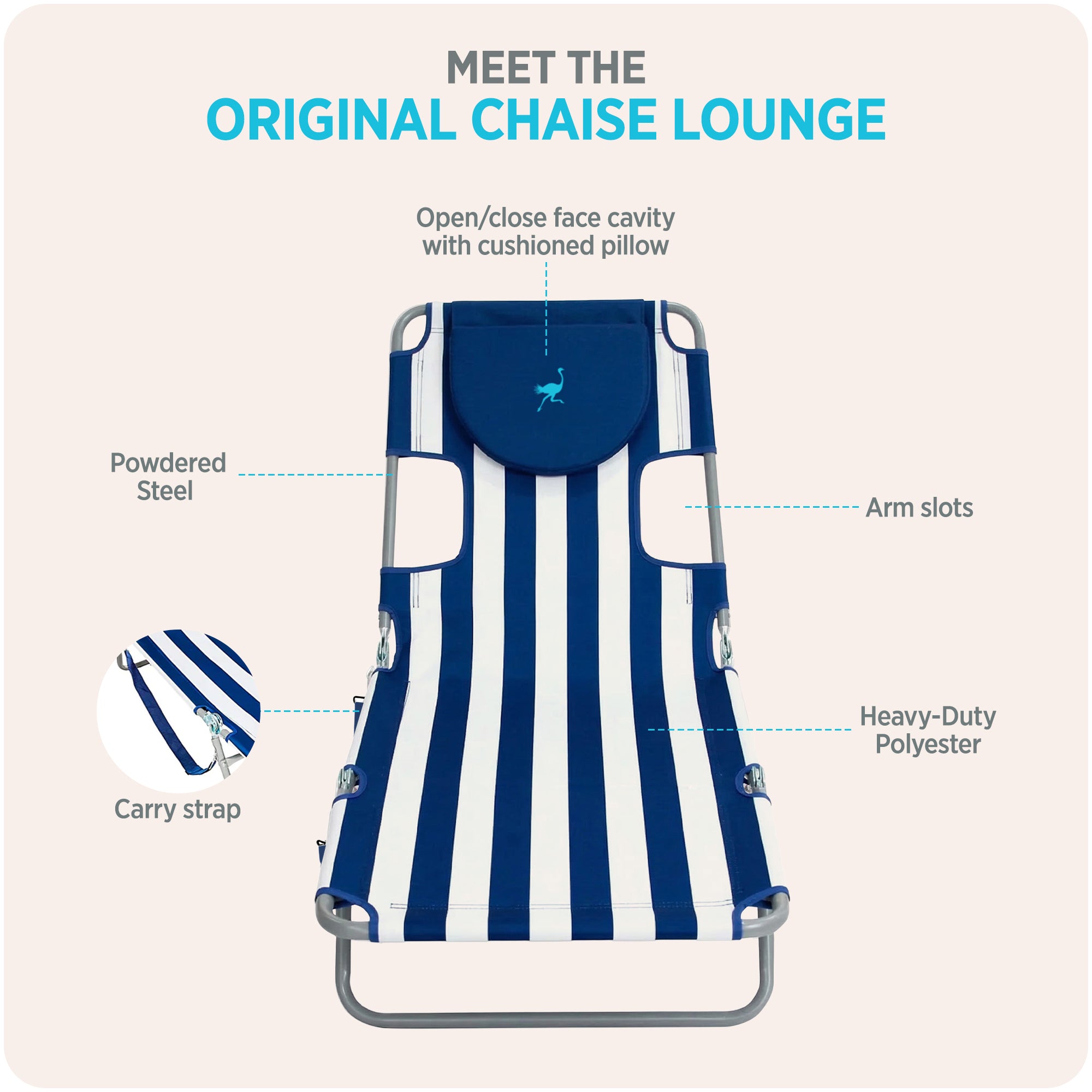 Ostrich Chaise Lounge, Facedown Beach Camping Pool Tanning Chair, Stripe (Used) - VMInnovations