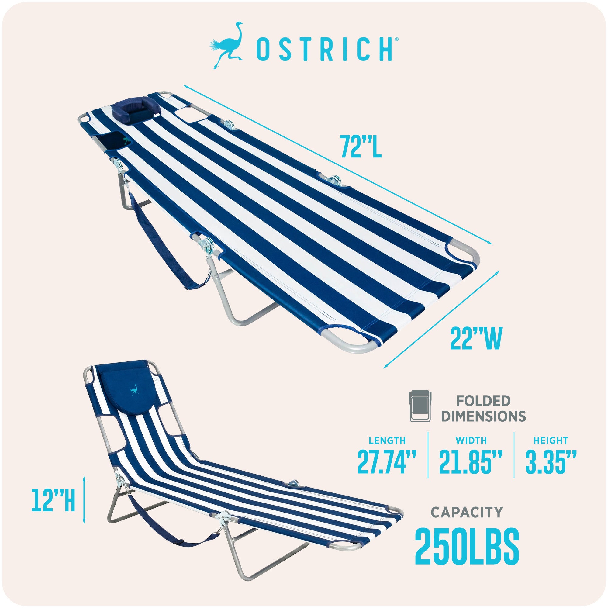 Ostrich Chaise Lounge, Facedown Beach Camping Pool Tanning Chair, Stripe (Used) - VMInnovations