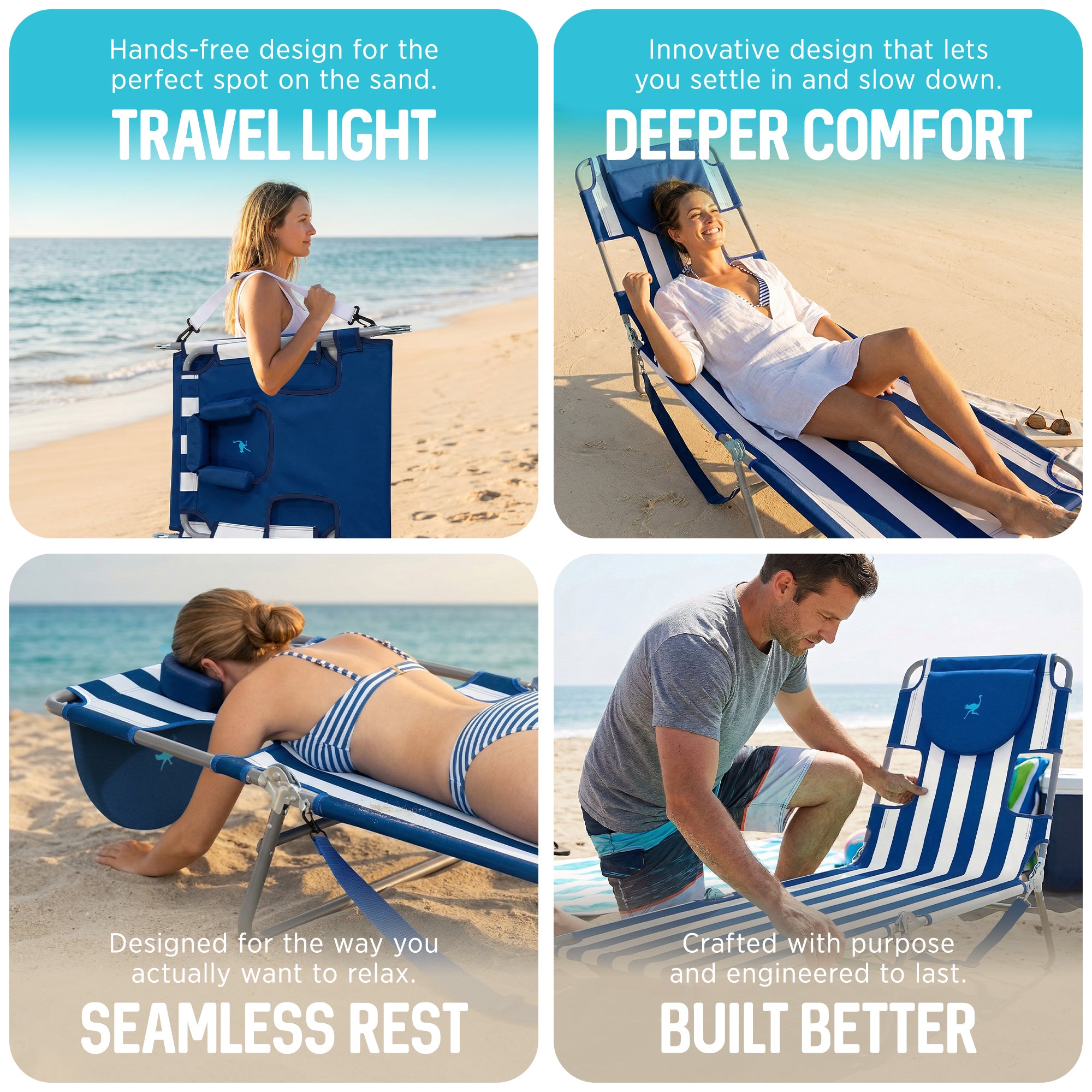 Ostrich Chaise Lounge, Facedown Beach Camping Pool Tanning Chair, Stripe (Used) - VMInnovations