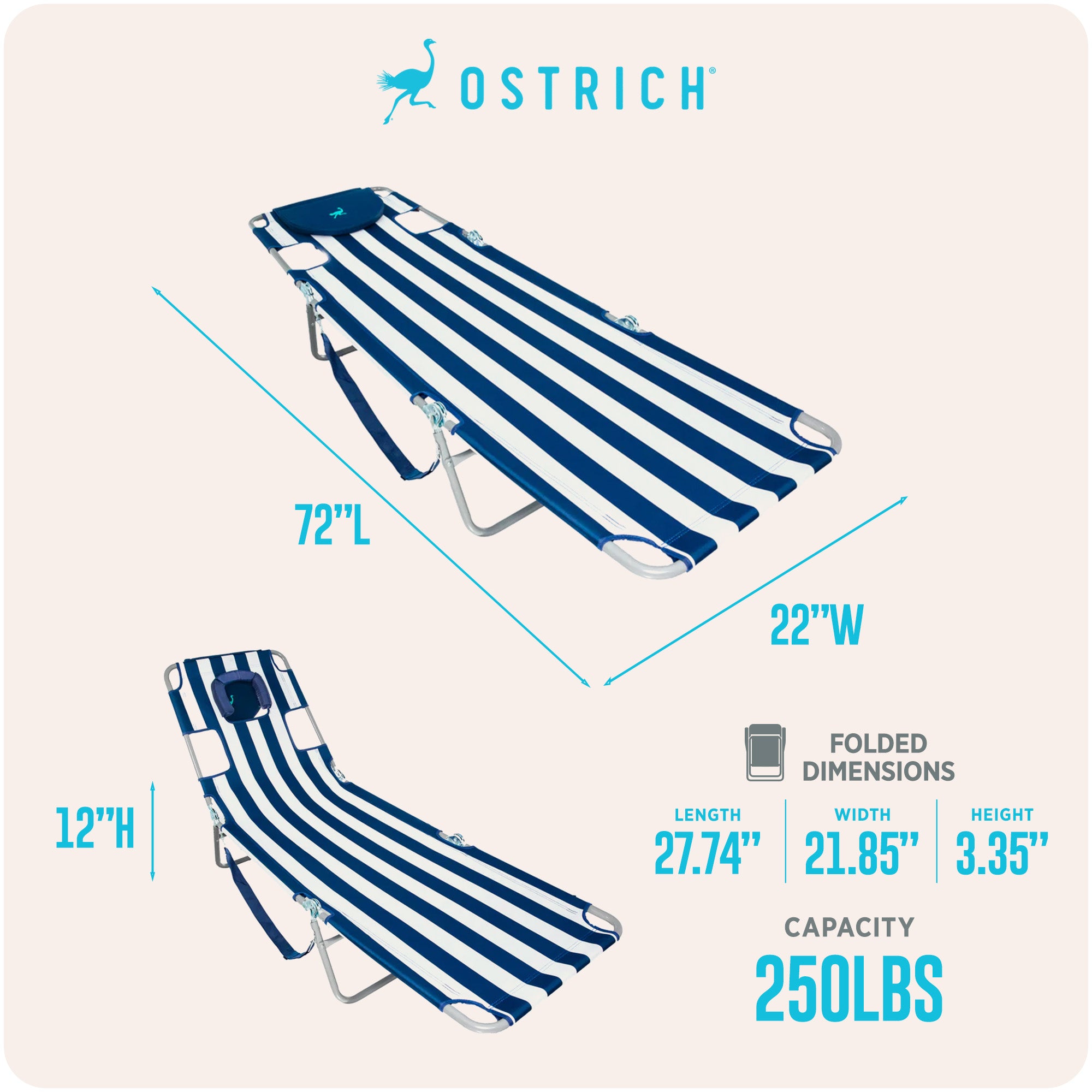 Ostrich The Original Chaise Lounge Portable Beach Chair & Custom Fitted Towel