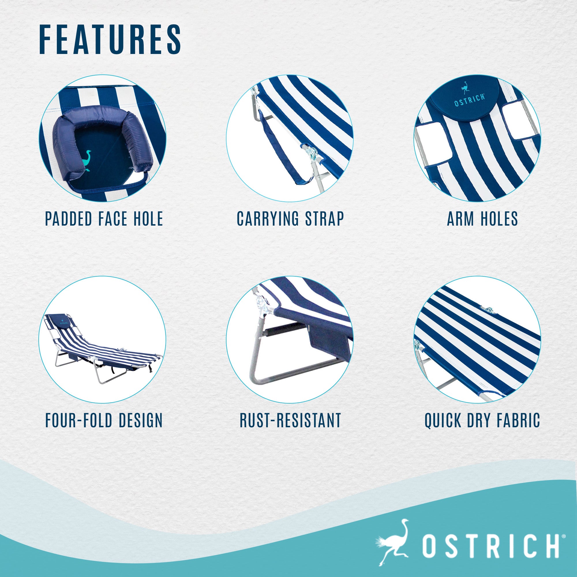 Ostrich Chaise Lounge Folding Portable Sunbathing Beach Chair, Striped (4 Pack) - VMInnovations