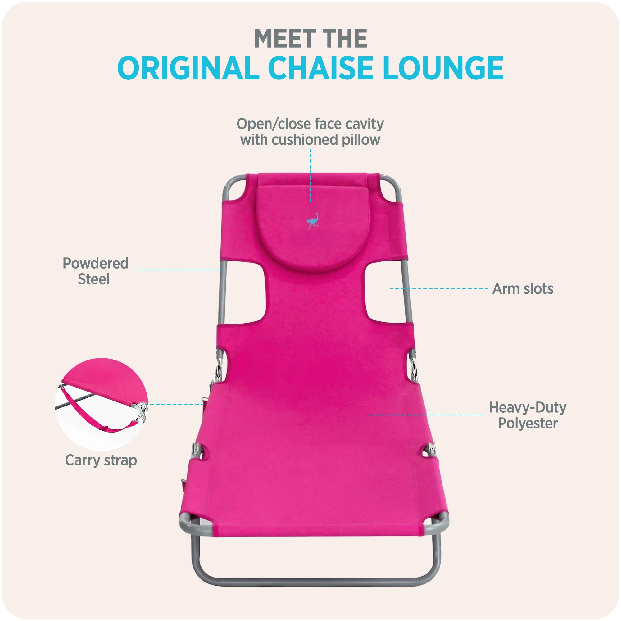 Ostrich Chaise Lounge Folding Sunbathing Poolside Beach Chair, Pink (For Parts) - VMInnovations