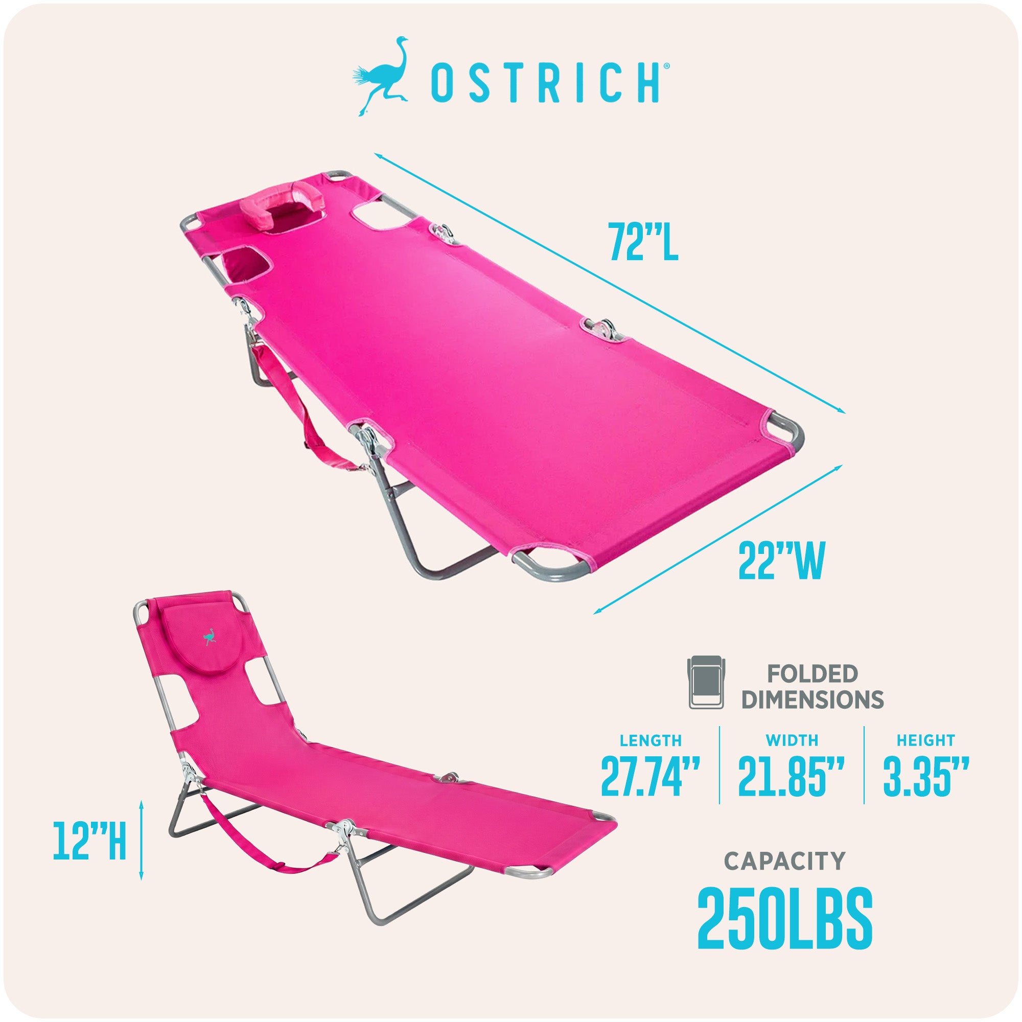 Ostrich Chaise Lounge Folding Sunbathing Poolside Beach Chair, Pink (For Parts) - VMInnovations