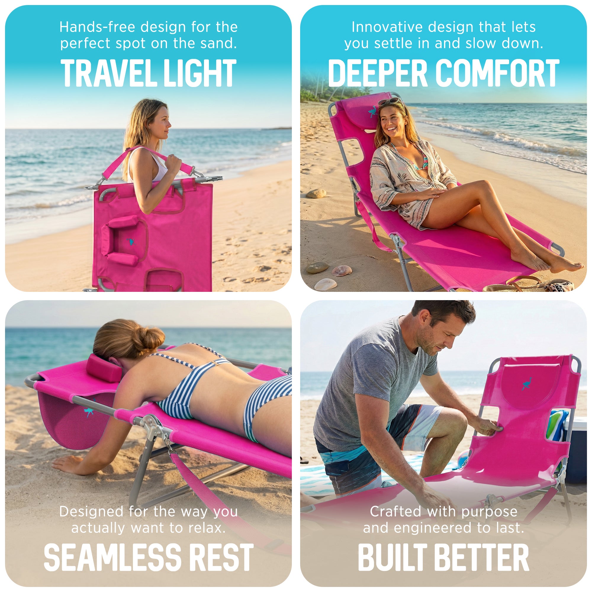 Ostrich Chaise Lounge Folding Sunbathing Poolside Beach Chair, Pink (For Parts) - VMInnovations