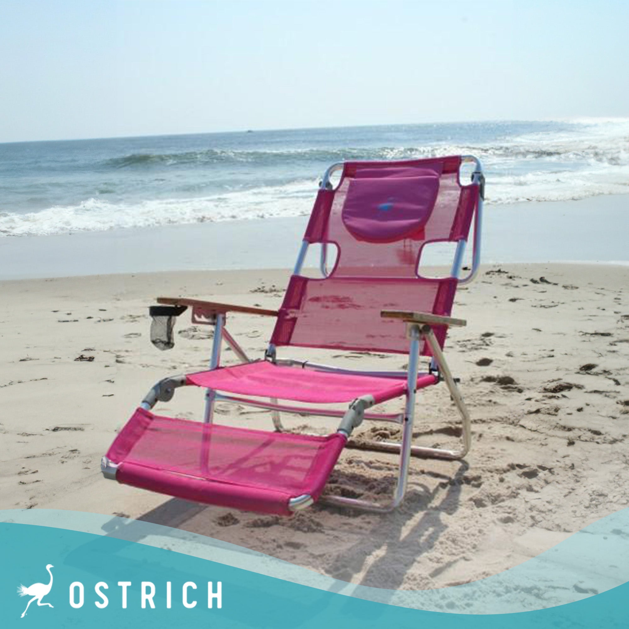 Ostrich Altitude 3N1 Recline Beach Chair and Chaise Beach Lounger Chair, Pink - VMInnovations