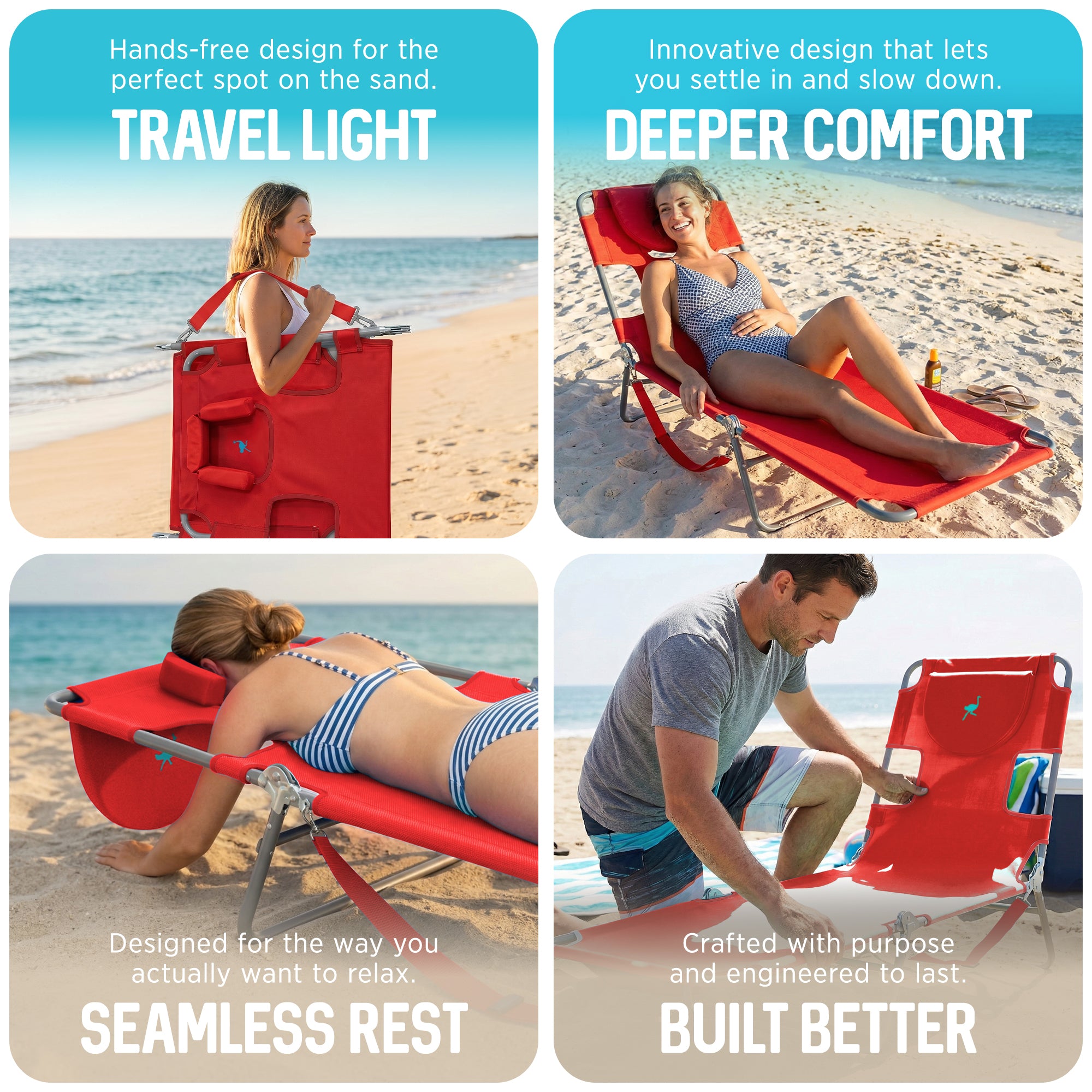 Ostrich Chaise Lounge Folding Sunbathing Poolside Beach Chair, Red (For Parts)