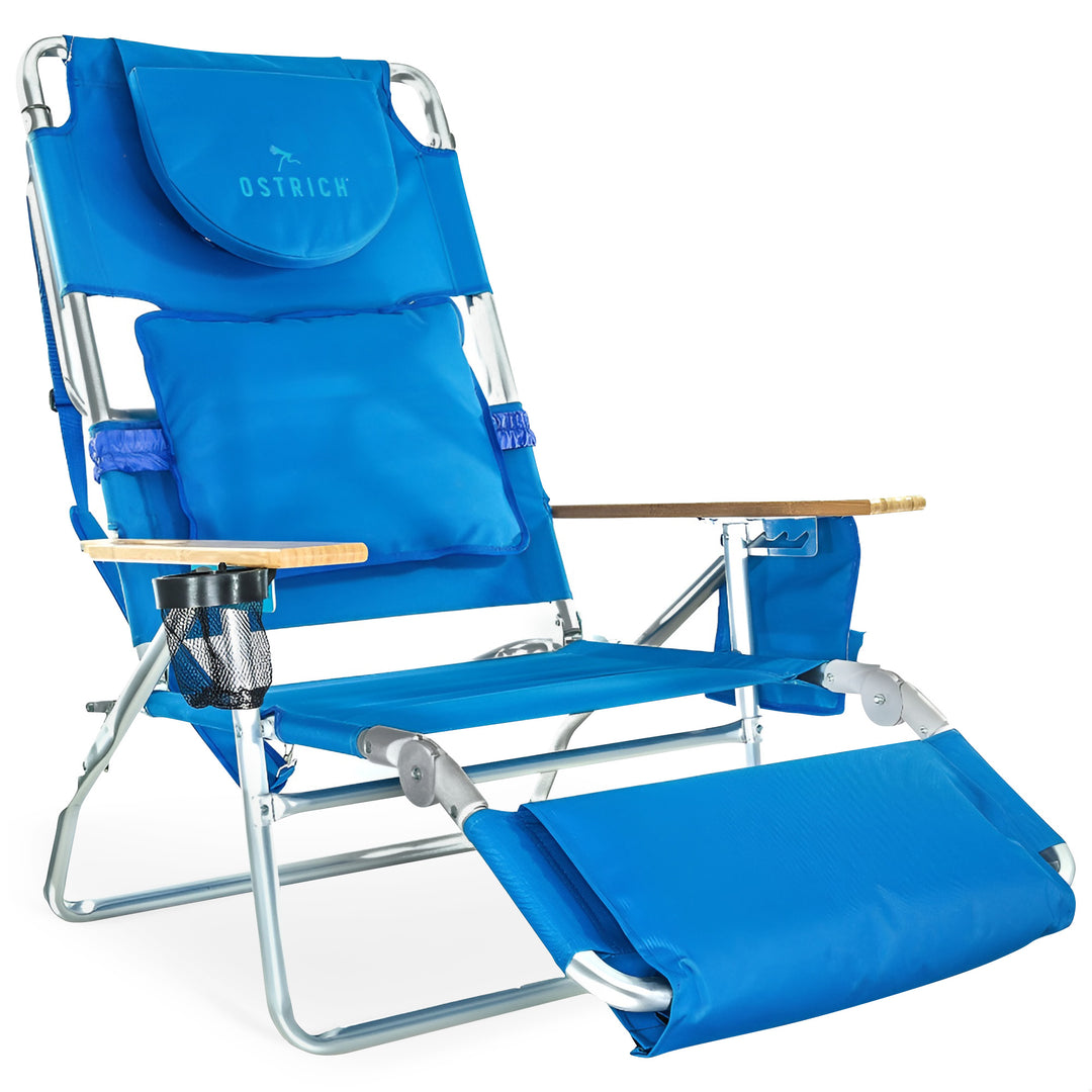 Ostrich Deluxe 3N1 Lightweight Outdoor Lawn Beach Lounge Chair w/ Footrest, Blue