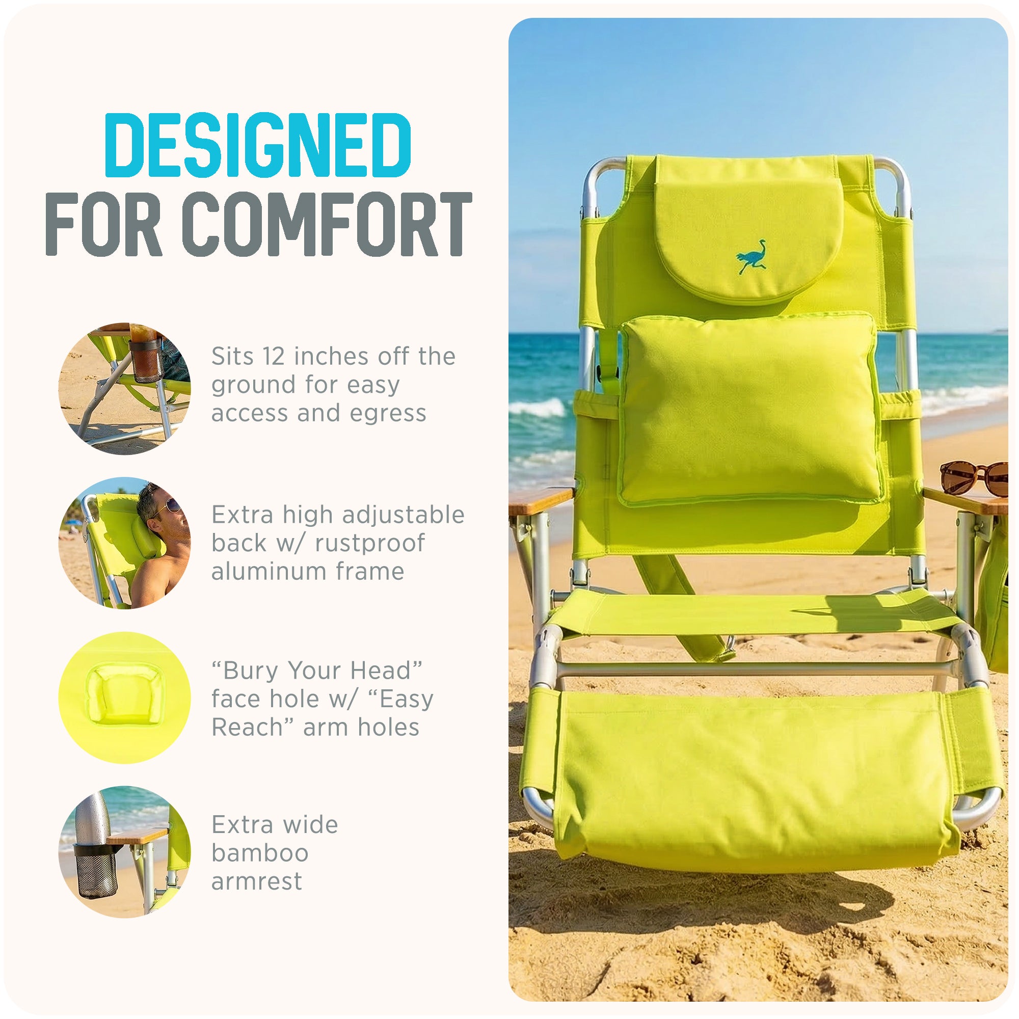 Ostrich Padded 3-N-1 Outdoor Lounge Reclining Beach Chair, Lime Green (Used)