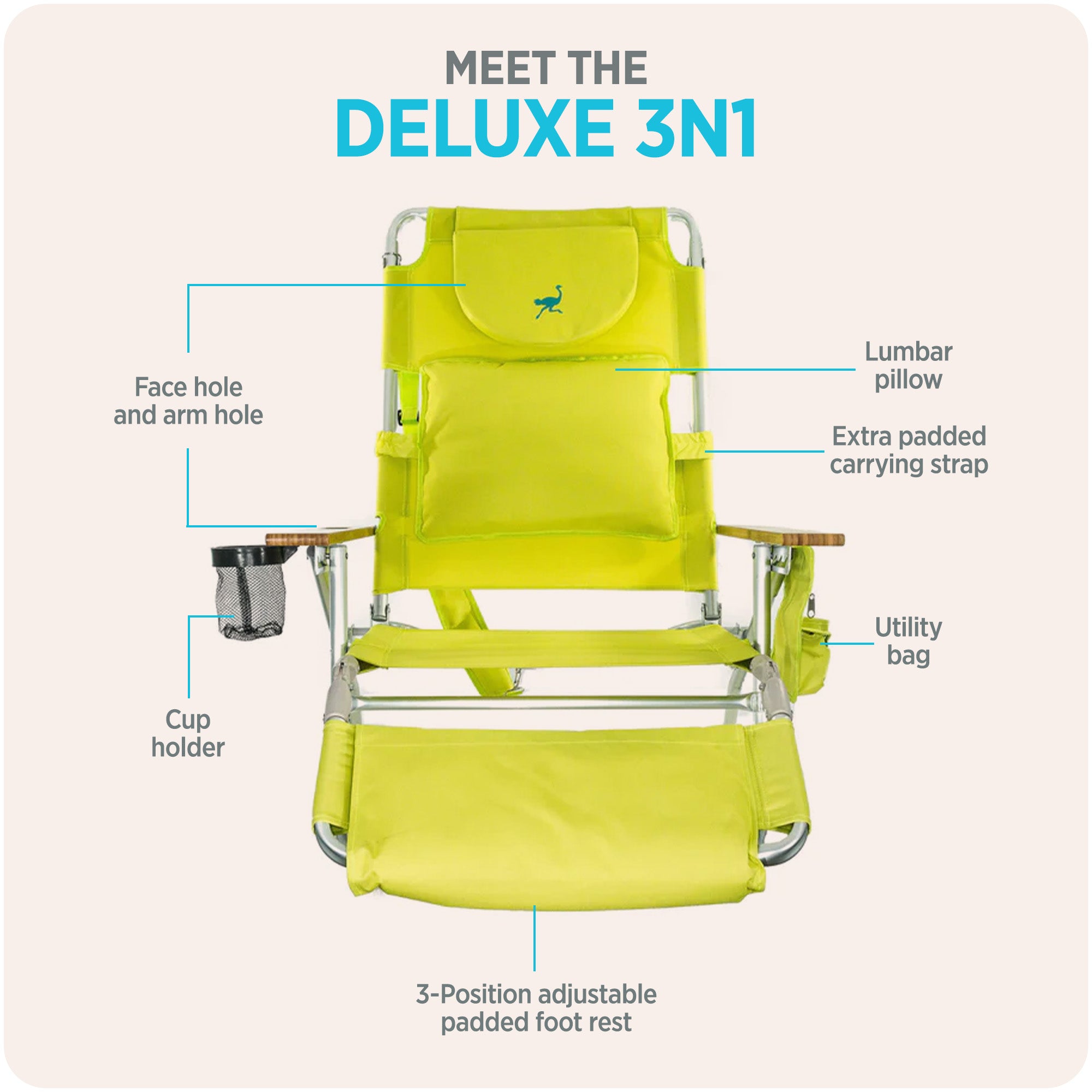 Ostrich The Deluxe 3N1 Lightweight Outdoor Beach Lounge Chair w/ Footrest, Lime