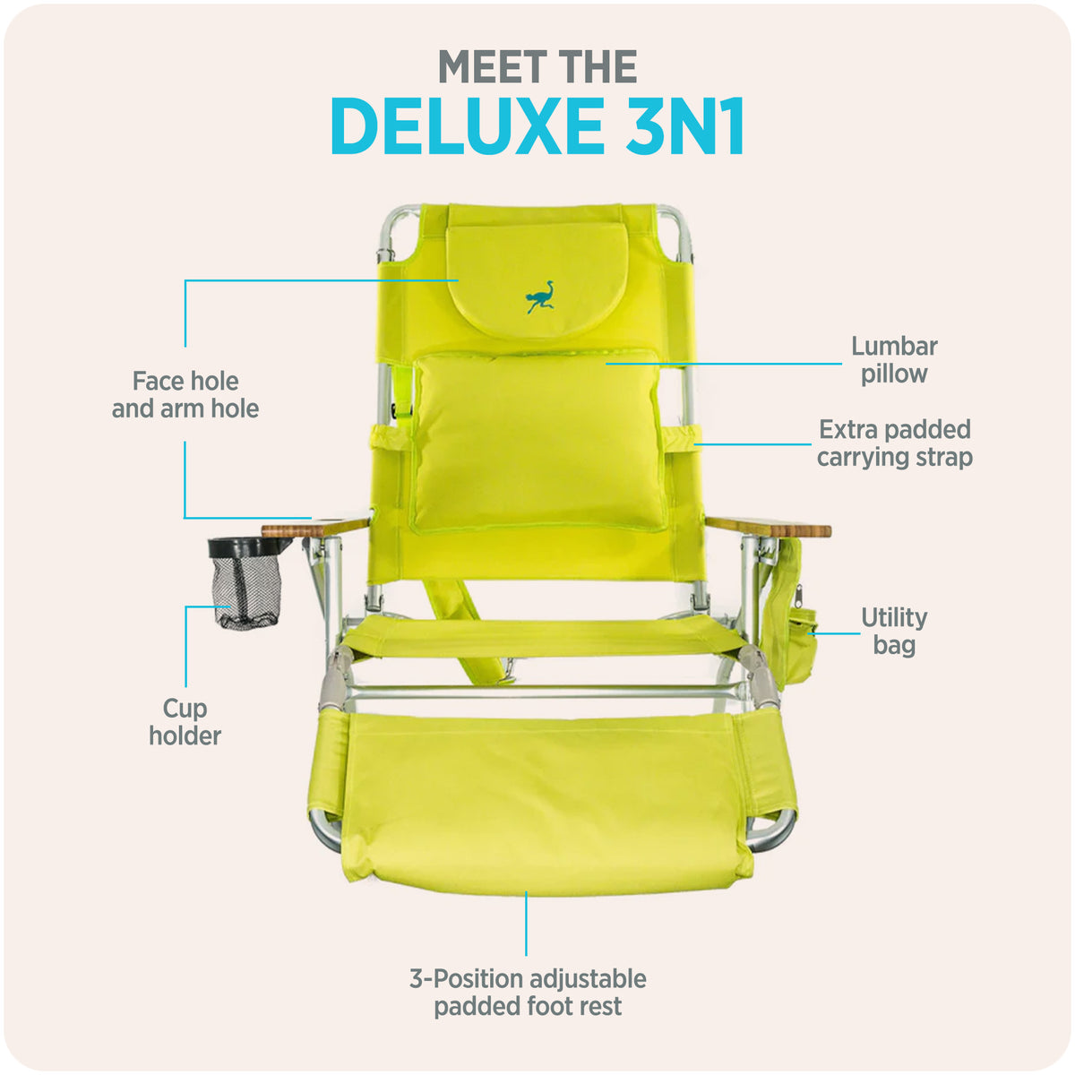 Ostrich Deluxe 3N1 Outdoor Beach Lounge Chair w/ Footrest, Lime Green (Open Box) - VMInnovations