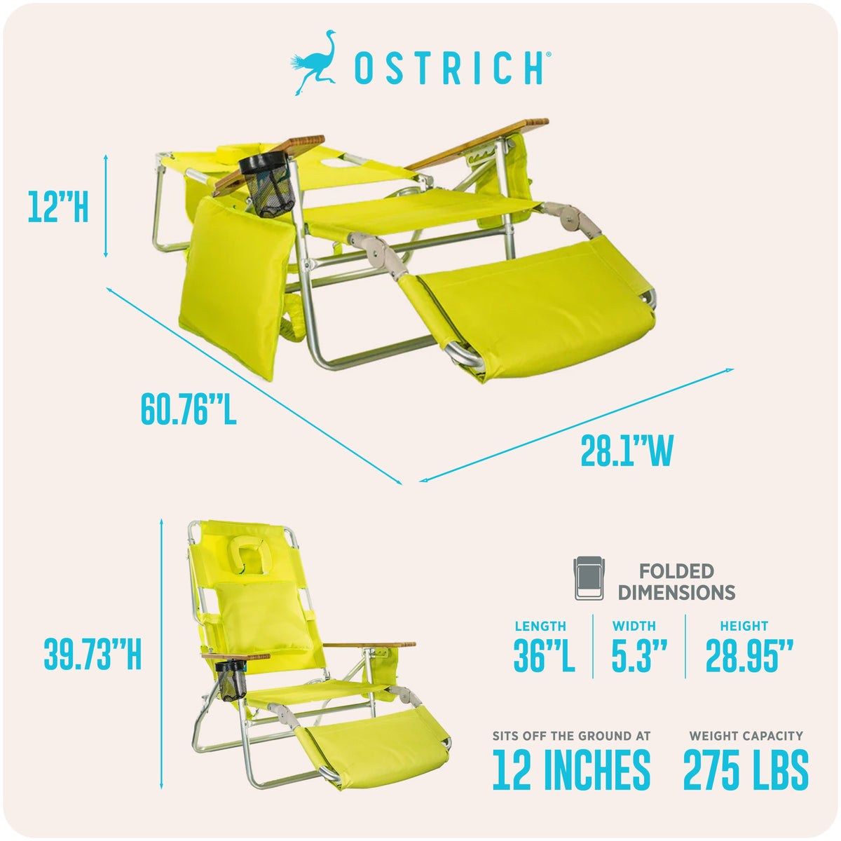 Ostrich Padded 3-N-1 Outdoor Lounge Reclining Beach Chair, Lime Green (Used) - VMInnovations