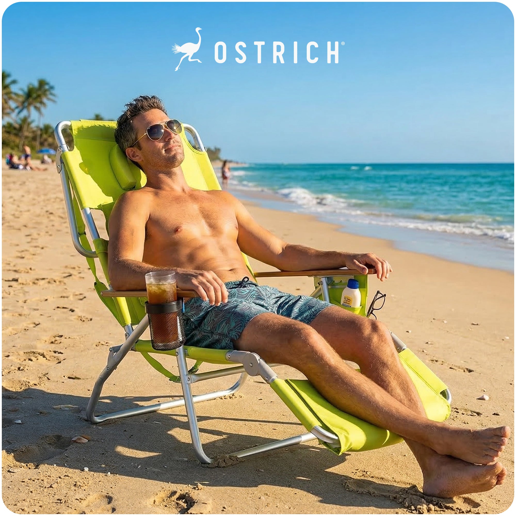 Ostrich The Deluxe 3N1 Lightweight Outdoor Beach Lounge Chair w/ Footrest, Lime