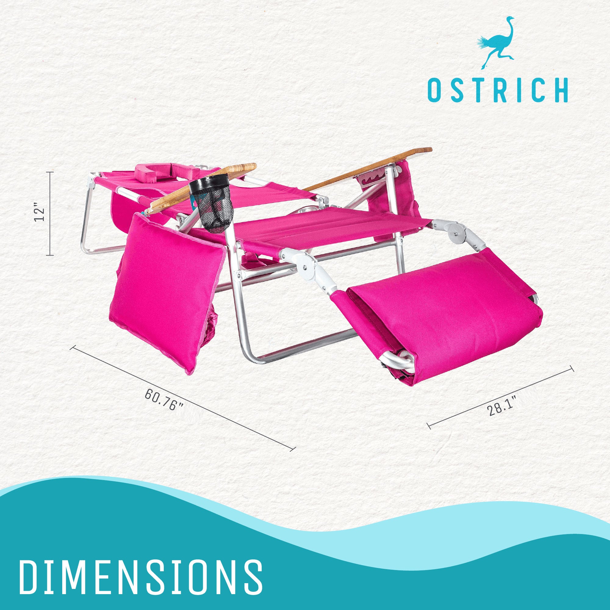 Ostrich Deluxe Padded 3-N-1 Outdoor Lounge Reclining Beach Lake Chair, Pink (4 Pack)