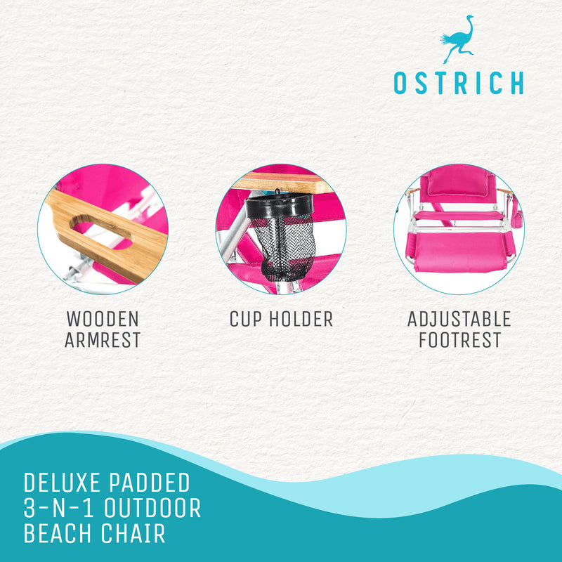 Ostrich Deluxe 3N1 Lightweight Outdoor Lawn Beach Lounge Chair w/Footrest, Pink