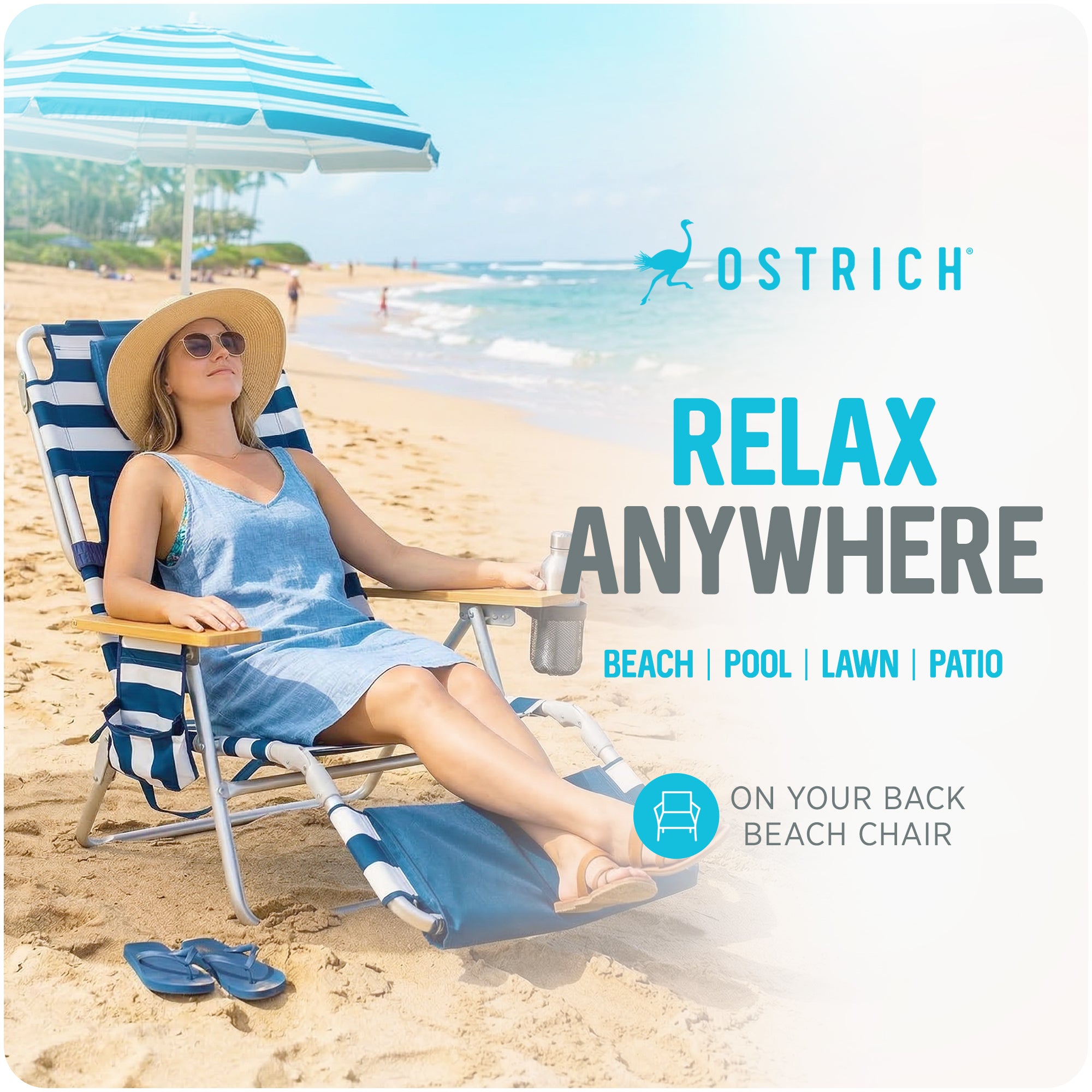 Ostrich Deluxe 3N1 Outdoor Lawn Beach Lounge Chair w/ Footrest, Stripe(Open Box) - VMInnovations