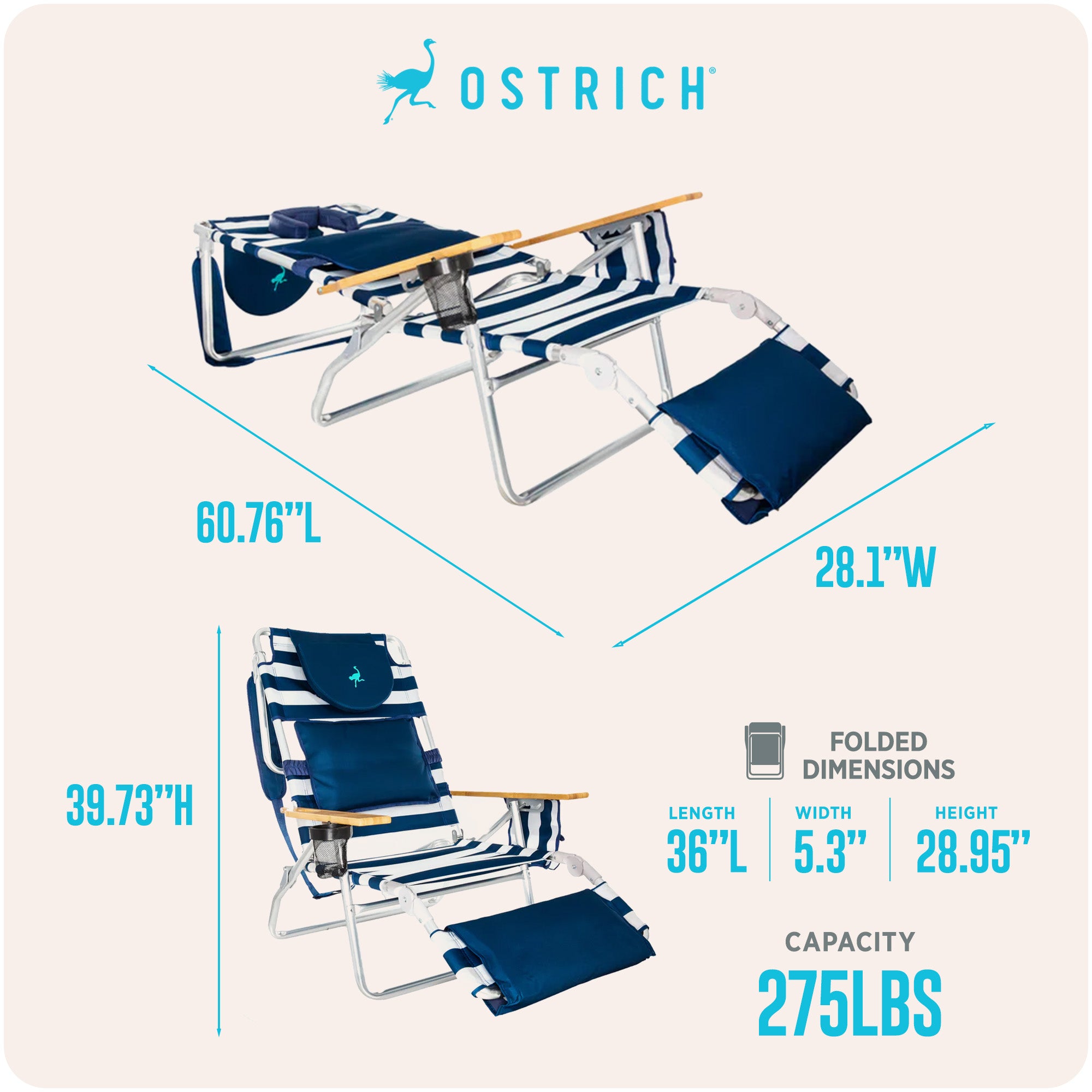 Ostrich Deluxe 3N1 Outdoor Lawn Beach Lounge Chair w/ Footrest, Stripe(Open Box) - VMInnovations