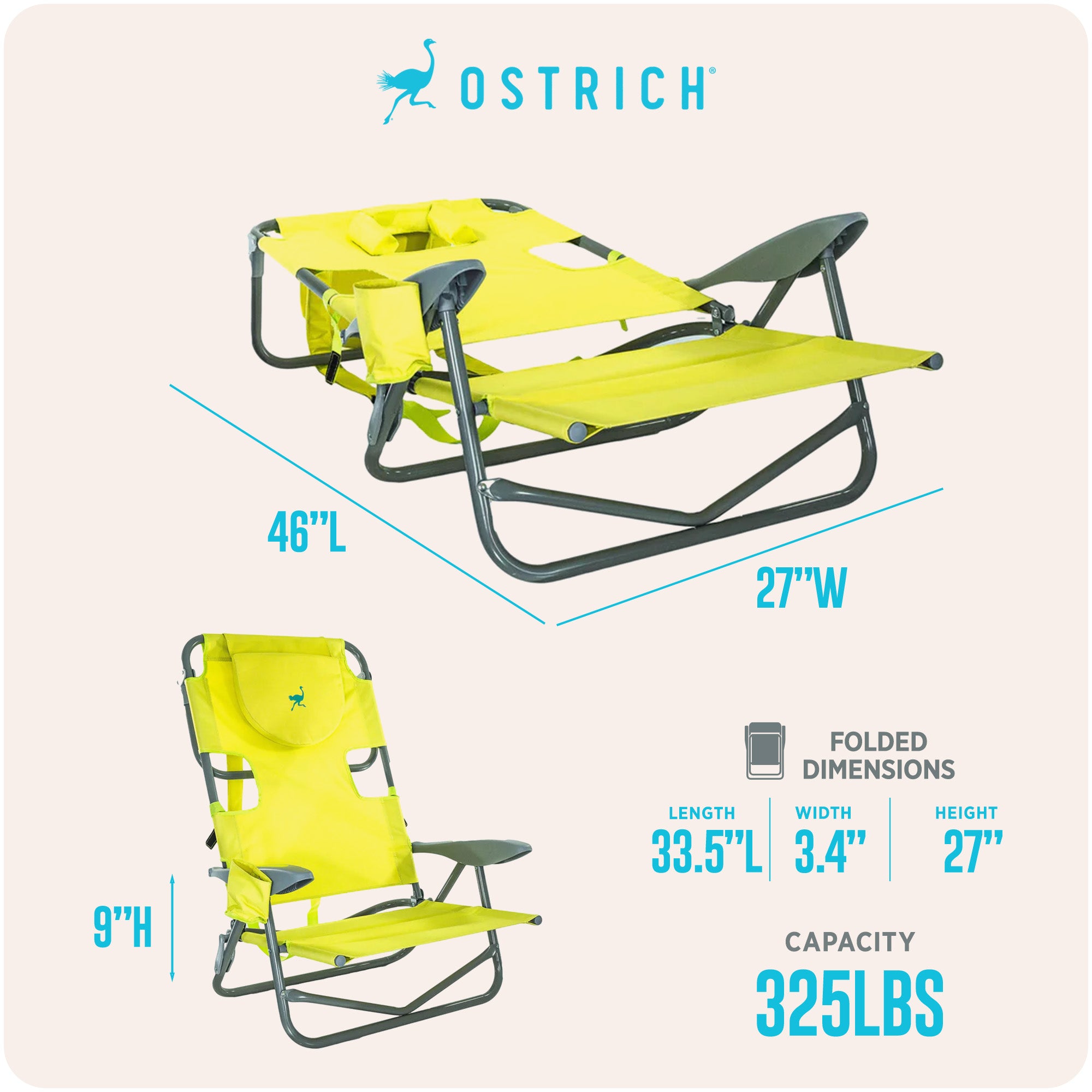 Ostrich On-Your-Back Outdoor Lounge 5 Position Reclining Beach Chair (For Parts)