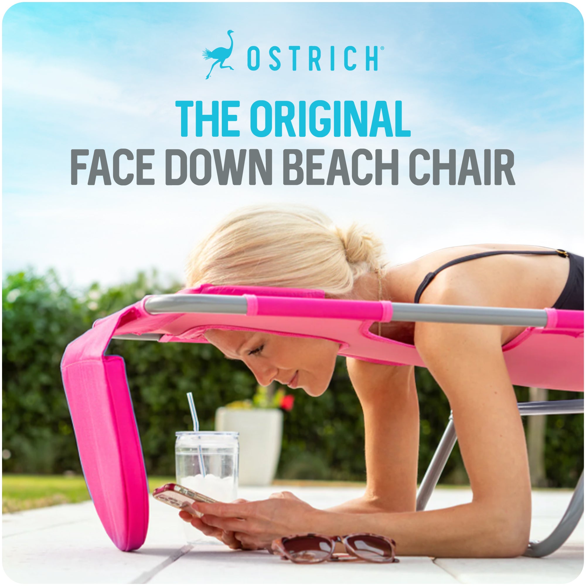 Ostrich On-Your-Back Outdoor Reclining Beach Pool Camping Chair, Pink (Open Box)