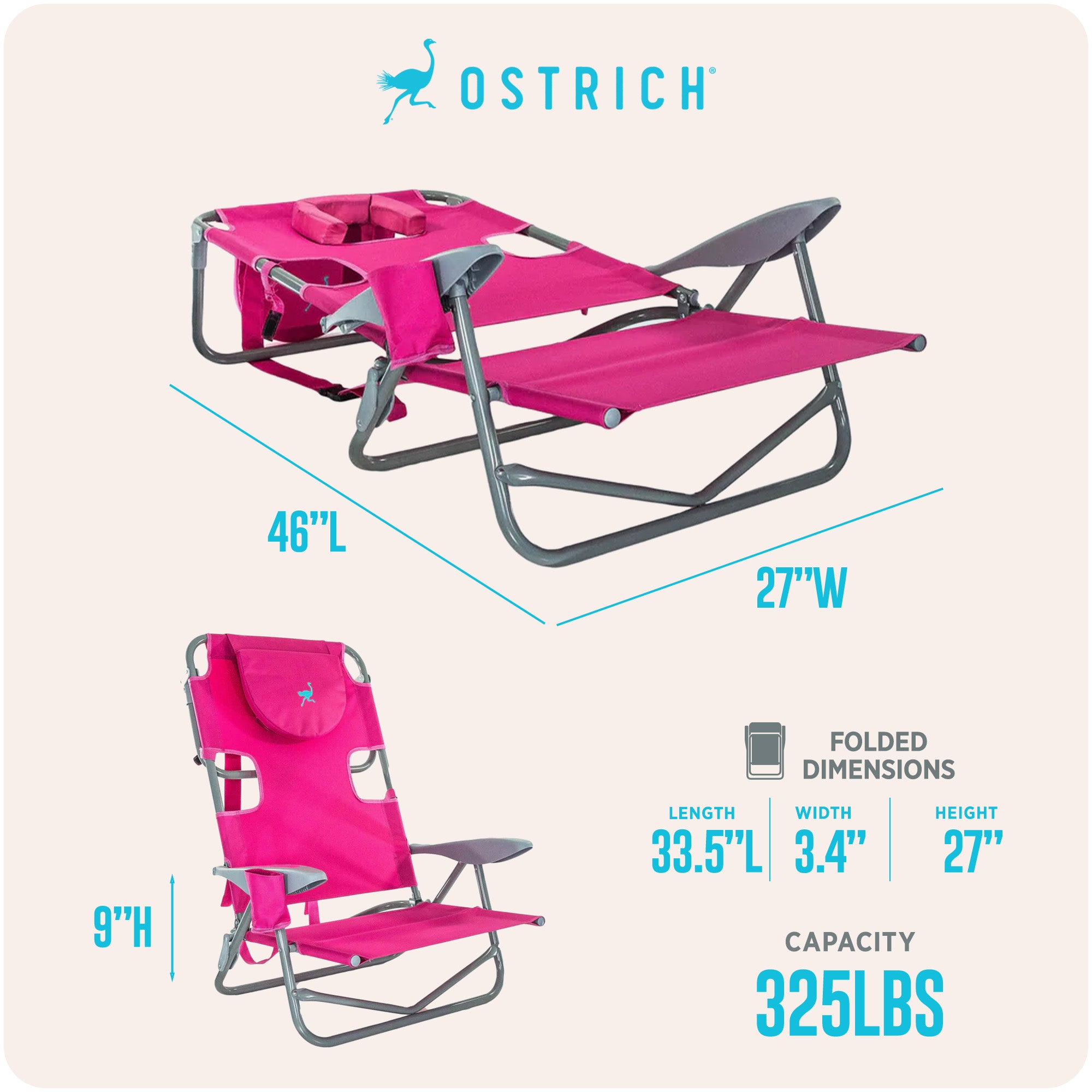 Ostrich On-Your-Back Outdoor Reclining Beach Pool Camping Chair, Pink (Open Box)