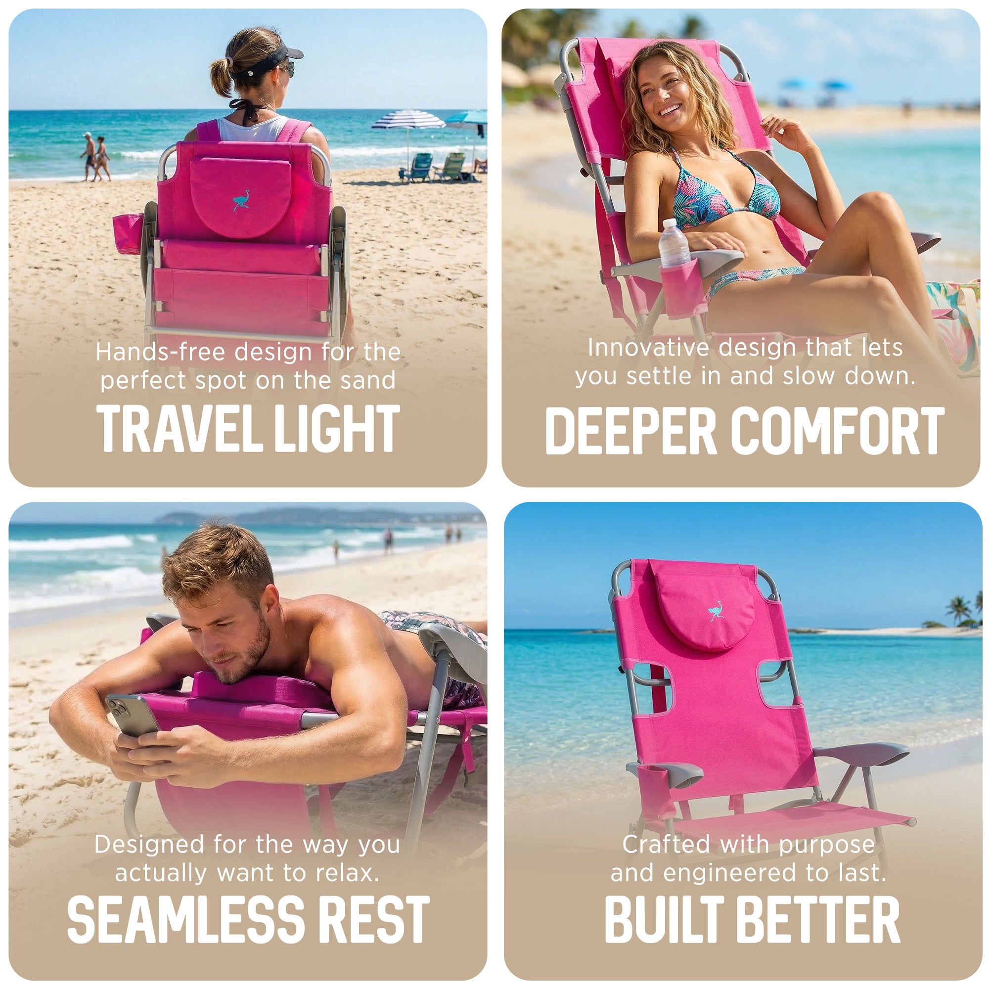 Ostrich The Heavy-Duty Backpacker Portable Reclining Beach Camping Chair, Pink