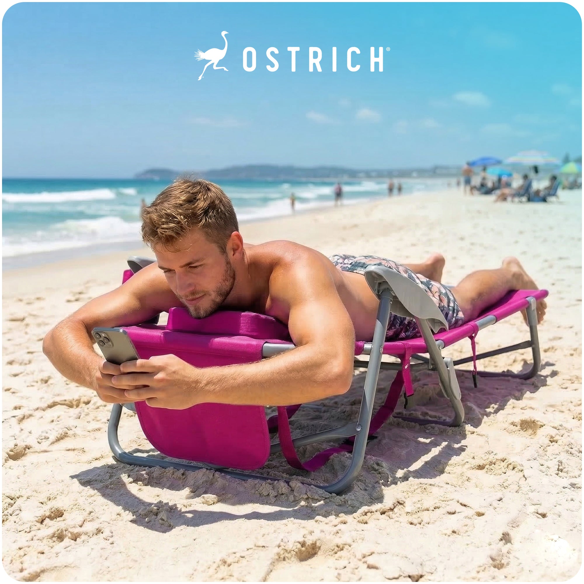Ostrich On-Your-Back Outdoor Reclining Beach Pool Camping Chair, Pink (Open Box)