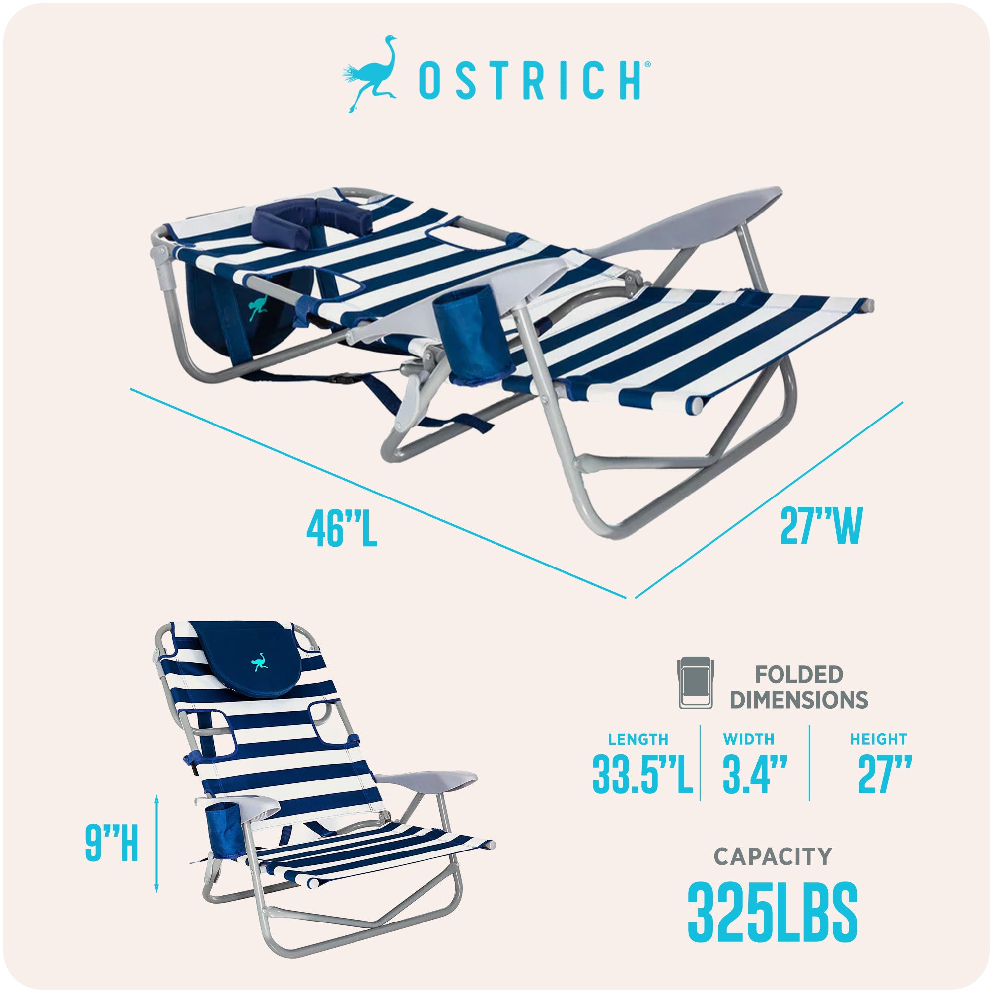 Ostrich Outdoor Lounge 5 Position Recline Beach Chair, Striped Blue (For Parts)