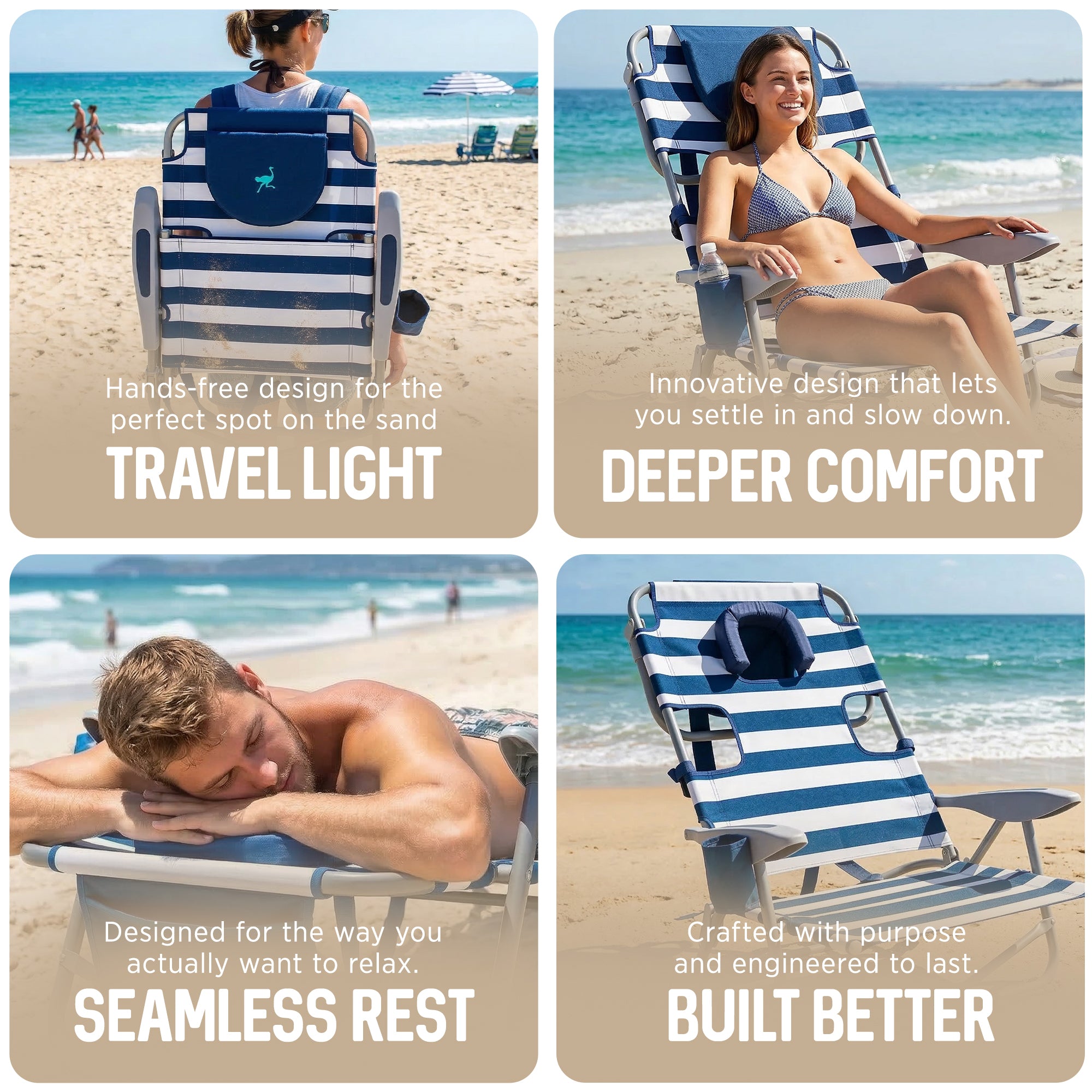Ostrich On-Your-Back Outdoor Reclining Beach Pool Camp Chair, Stripe(Open Box)