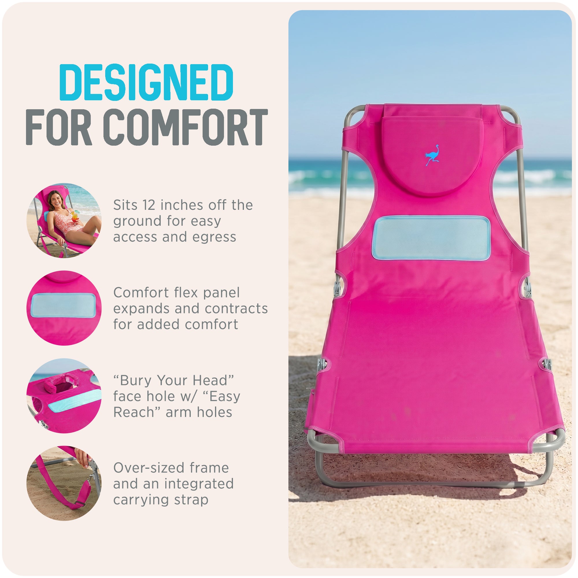 Ostrich Ladies Comfort Lounger, Beach Camping Pool Tanning Chair, Pink(Open Box)