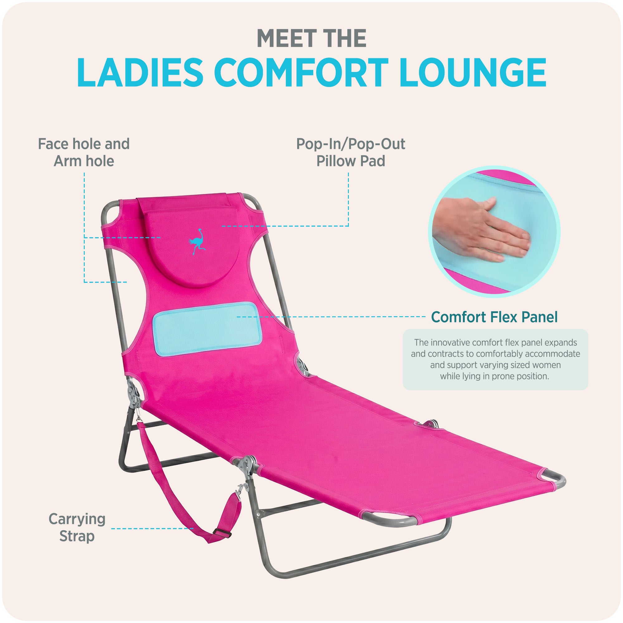 Ostrich Ladies Comfort Lounger, Beach Camping Pool Tanning Chair, Pink(Open Box)