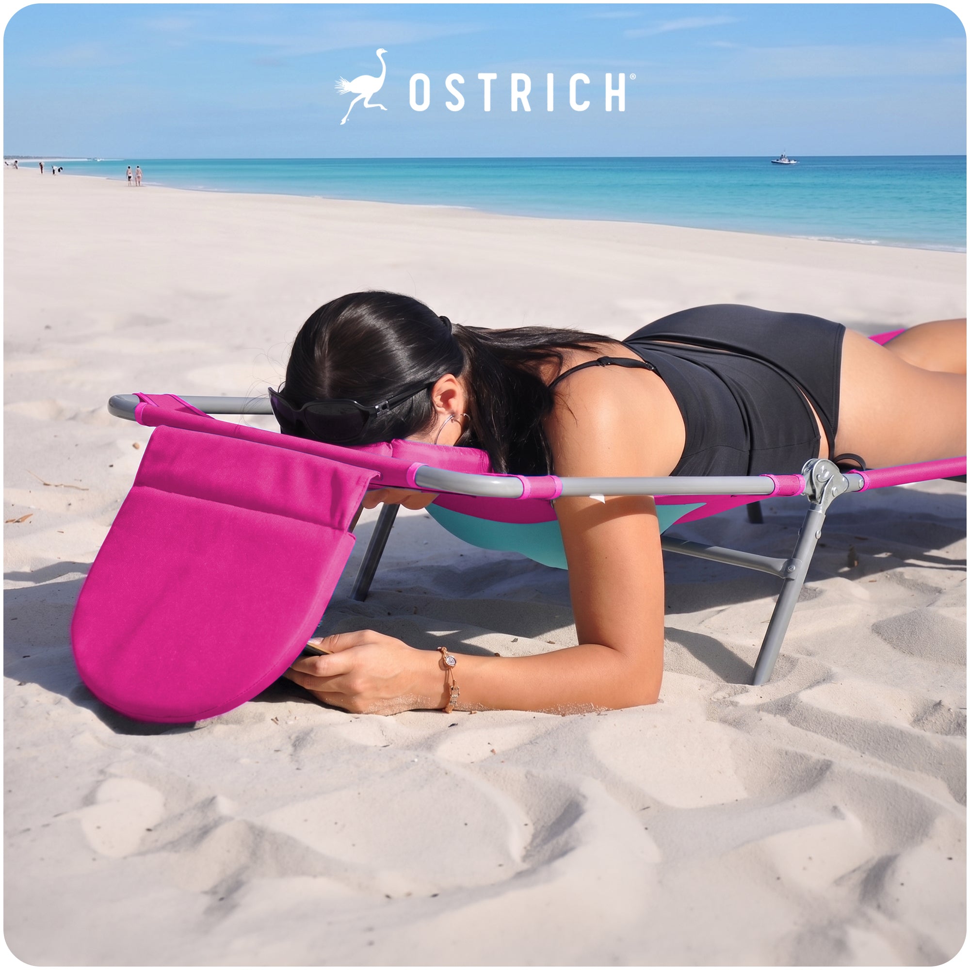 Ostrich The Ladies Comfort Lounger, Foldable Beach Pool Tanning Chair, Pink