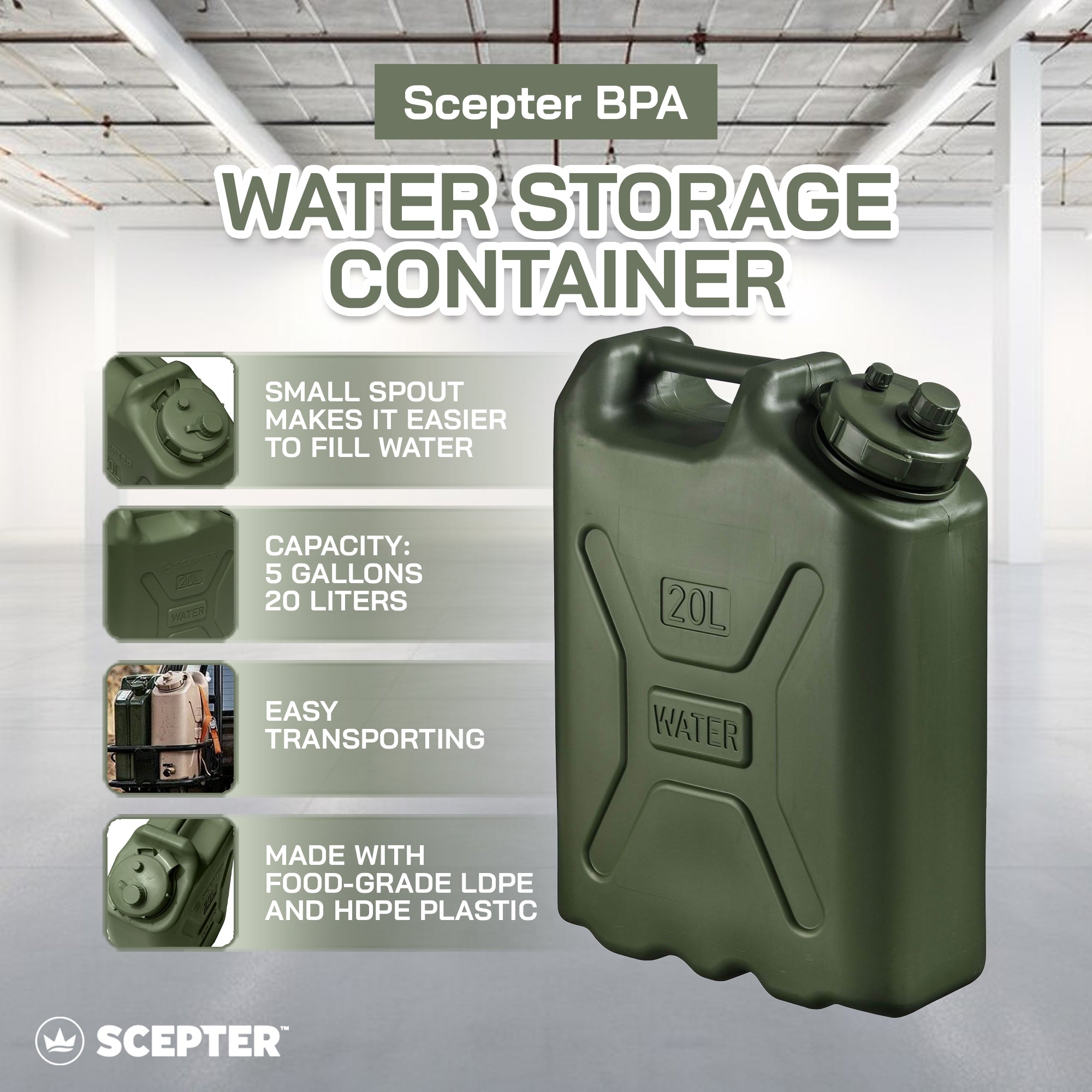 Scepter BPA Durable 5 Gallon Portable Water Jug Storage Container, Green, 3 Pack - VMInnovations